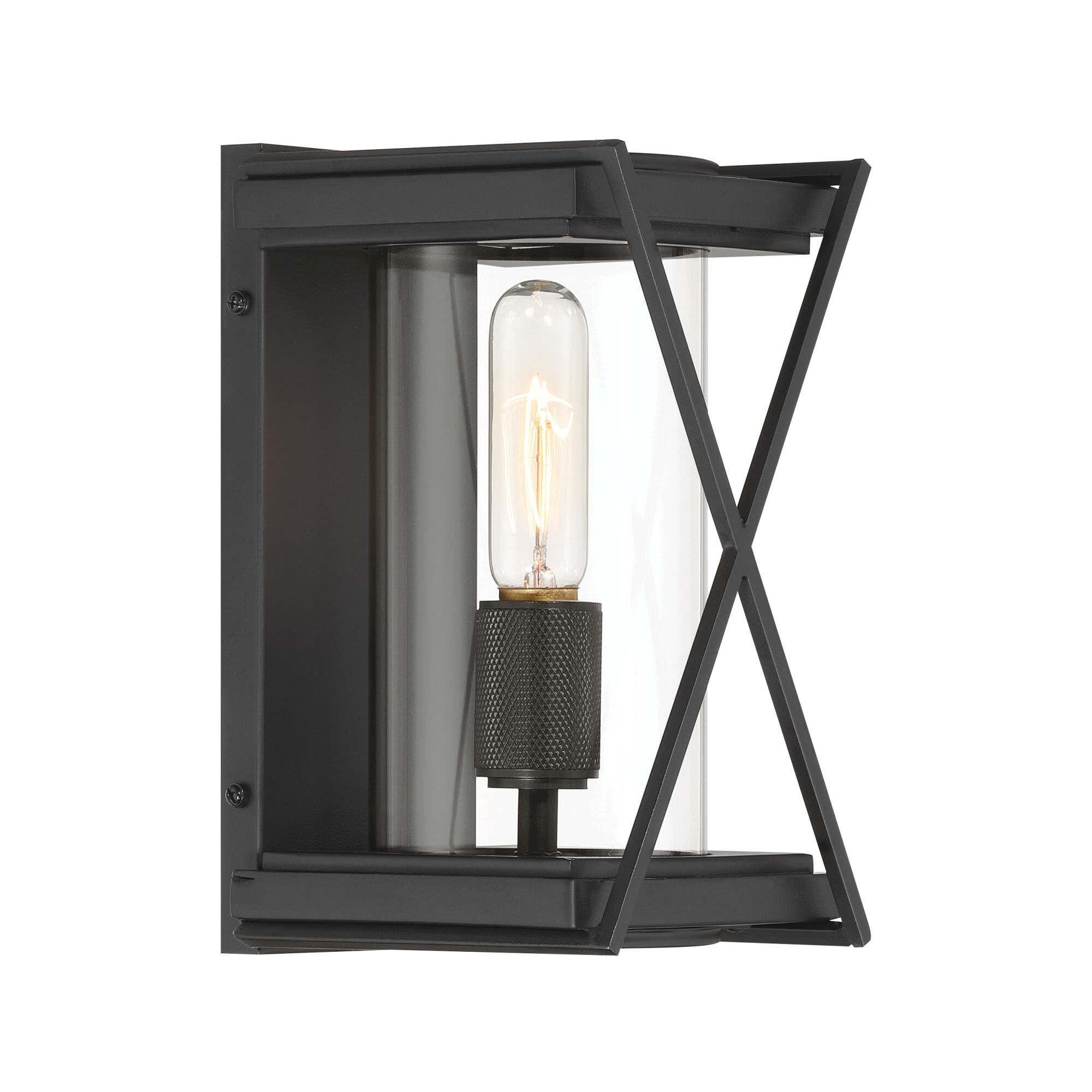 Shown in Dark Matte Black finish and Clear glass and Glass shade