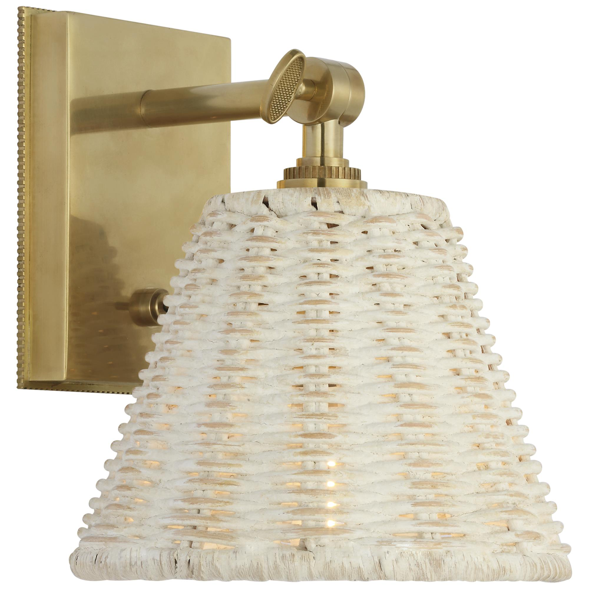 Shown in Soft Brass finish and White Wicker shade