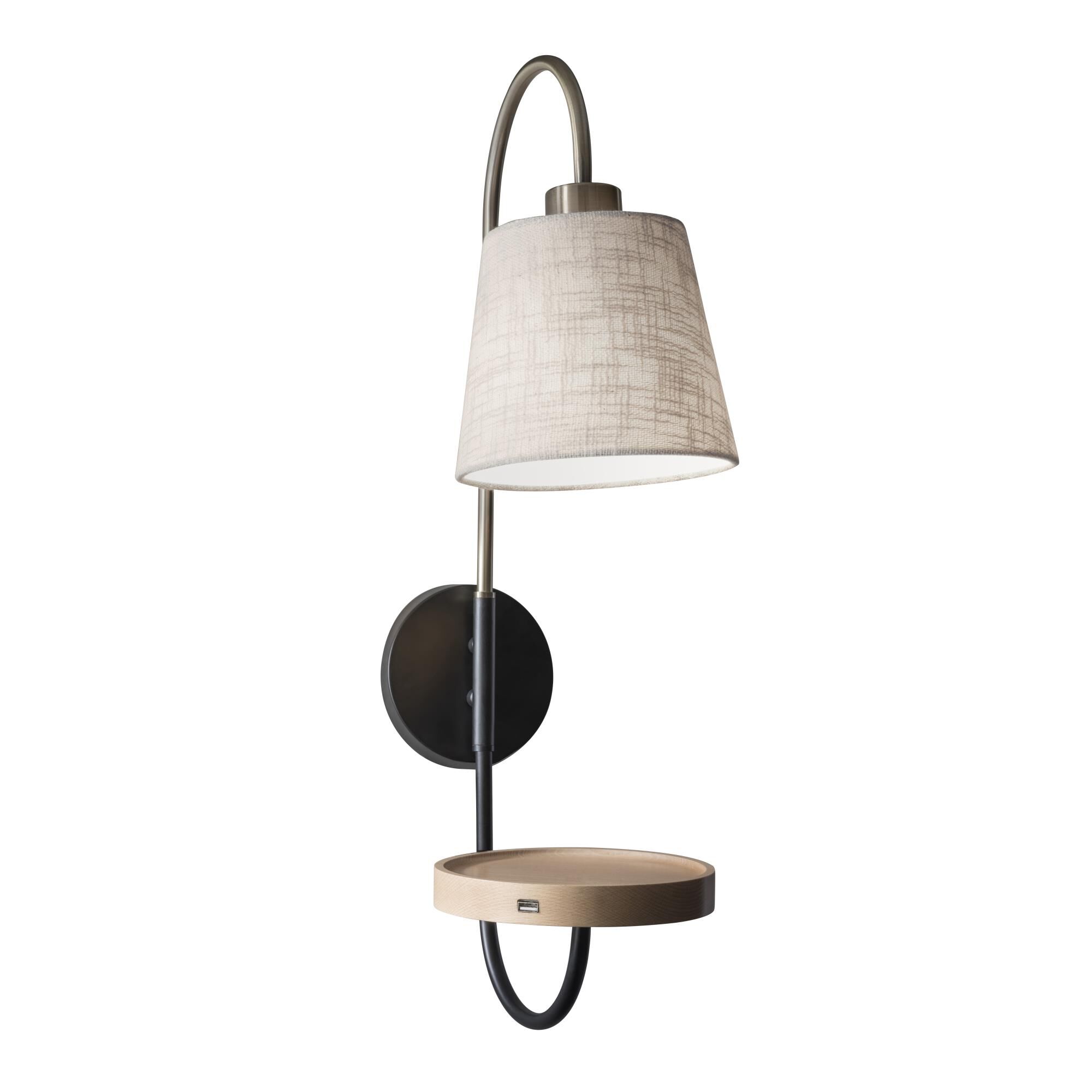 Shown in Black/Antique Brass finish and Textured Off-White Linen shade