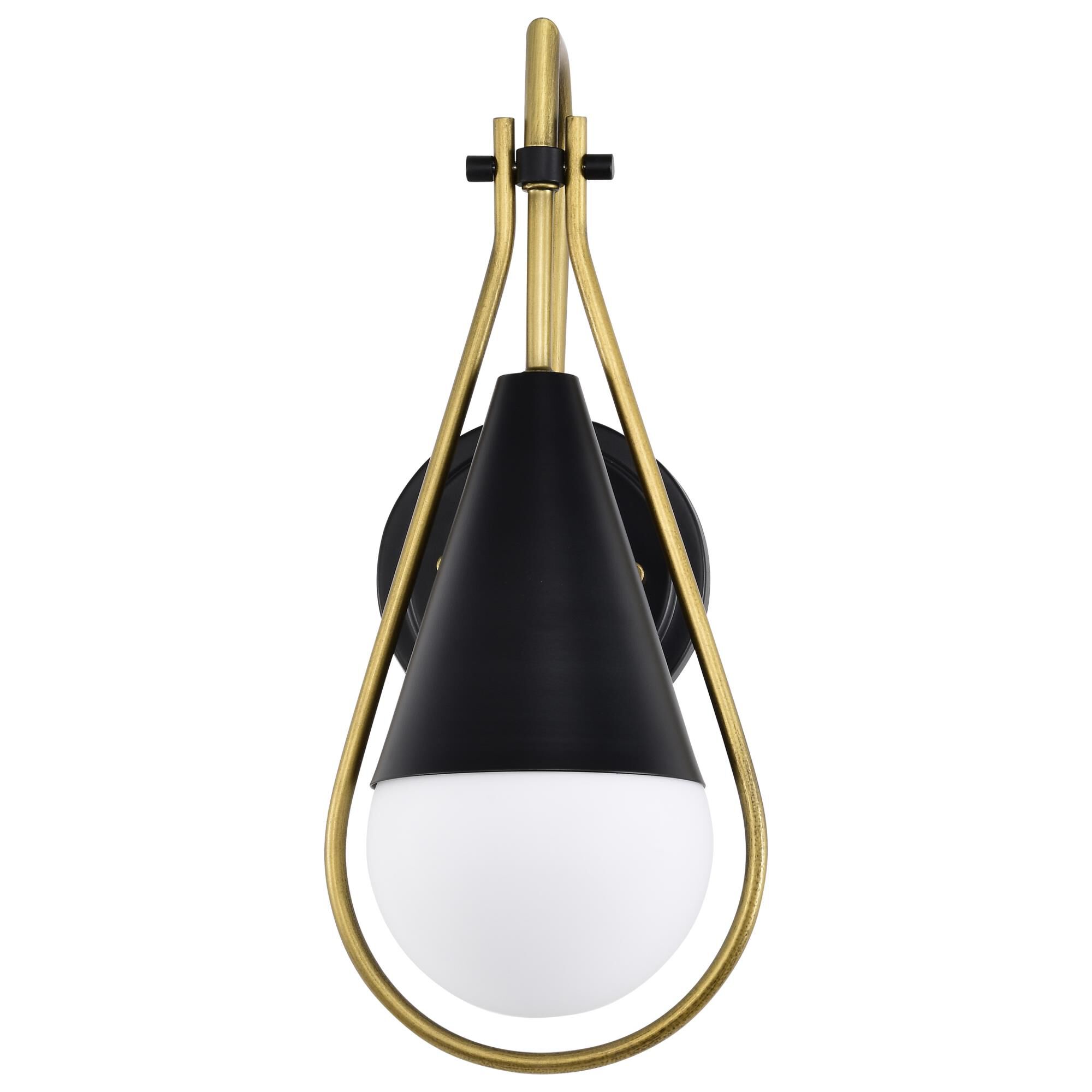Shown in Matte Black and Natural Brass finish and White Opal glass