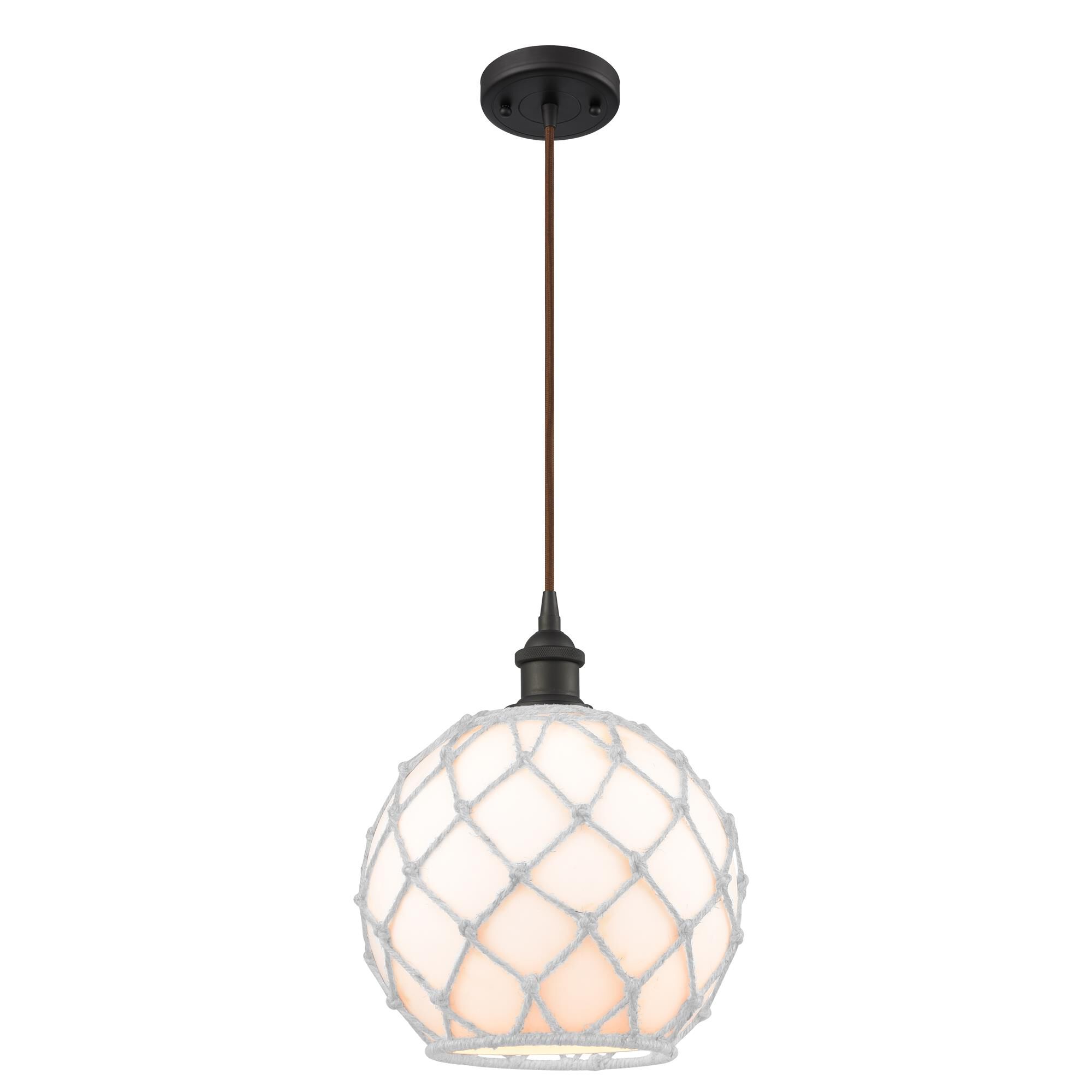 Shown in Oil Rubbed Bronze finish and White With White Rope glass