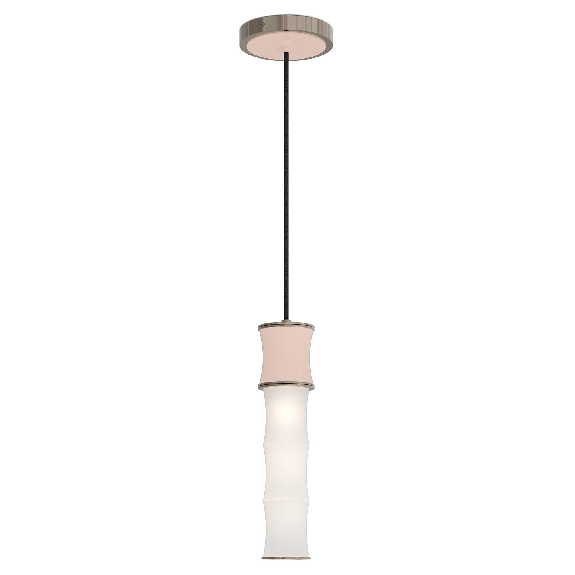 Shown in Rose Water finish and White Frosted glass and Polished Nickel accent