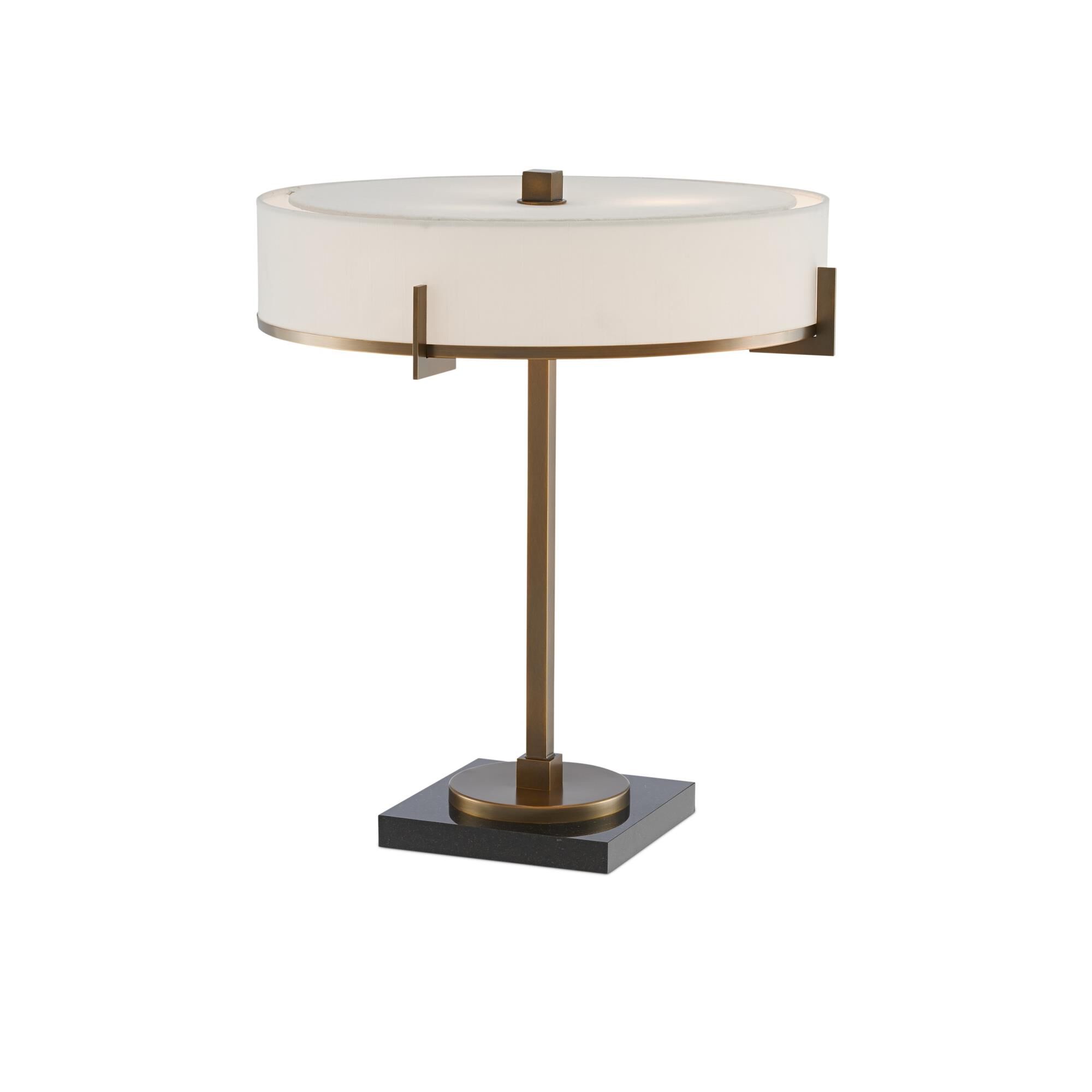 Shown in Antique Brass - Black finish and Off White Shantung shade
