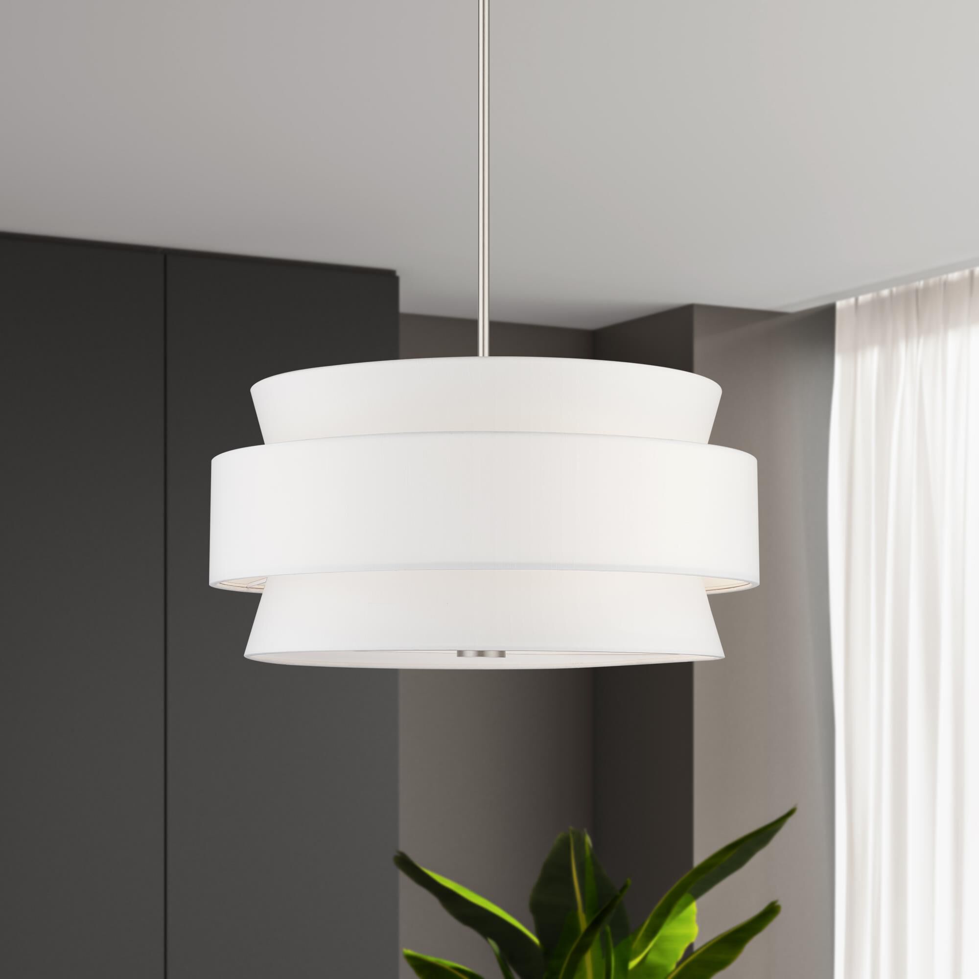 Shown in Brushed Nickel finish and Hand Crafted Off-White Fabric Hardbacks with White Fabric Inside shade