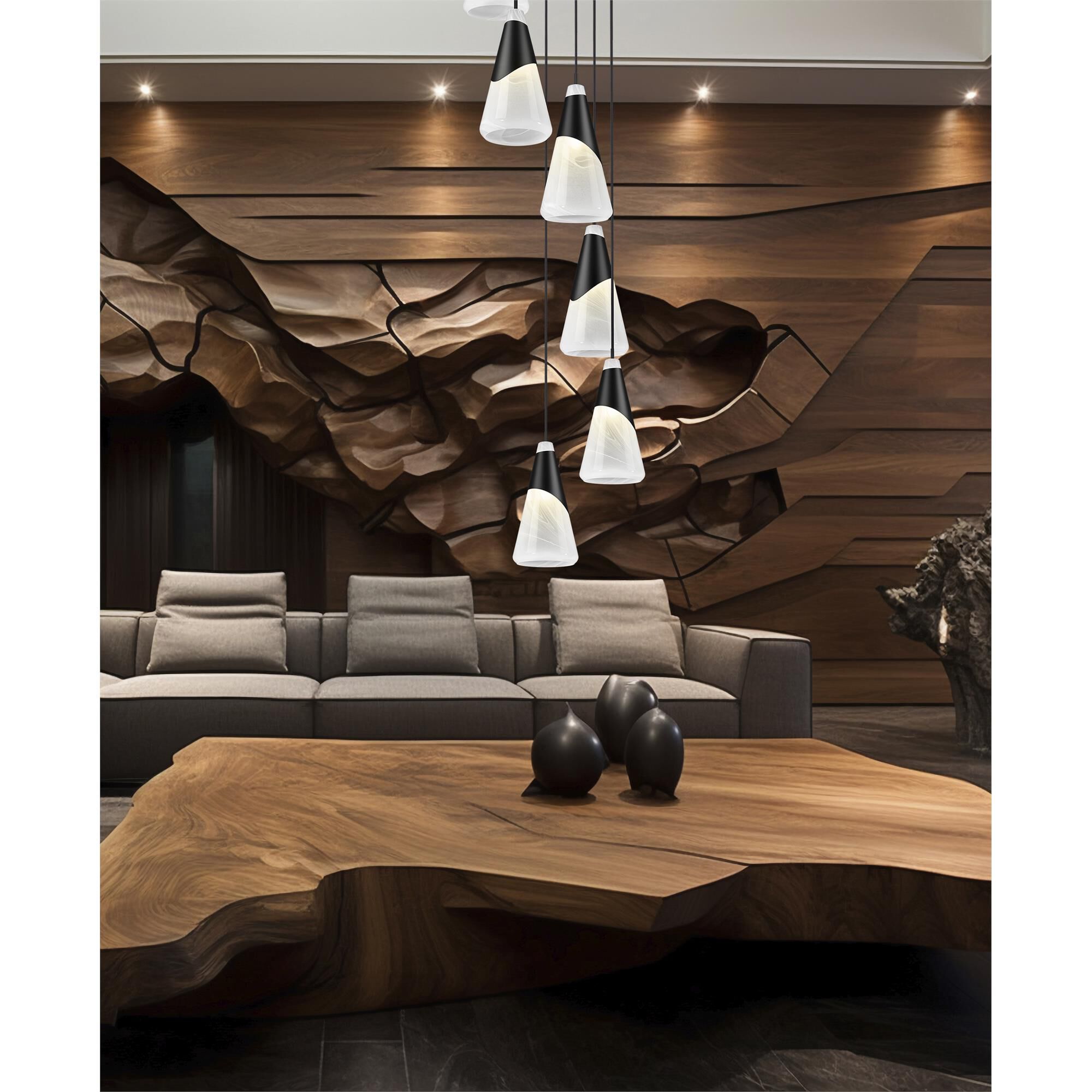 Shown in Matte Black finish and White Swirl glass and White Swirl shade