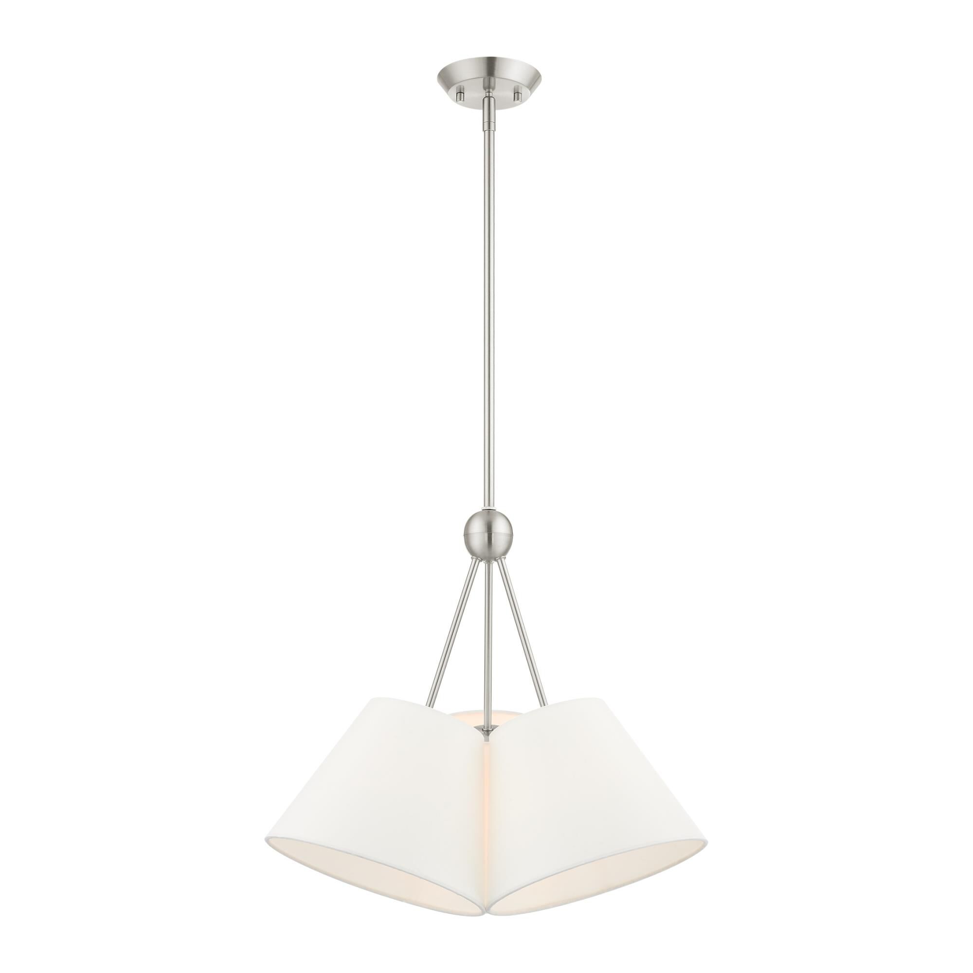 Shown in Brushed Nickel finish and Hand Crafted Off White Fabric Hardback Shade glass and Hand Crafted Off White Fabric Hardback shade