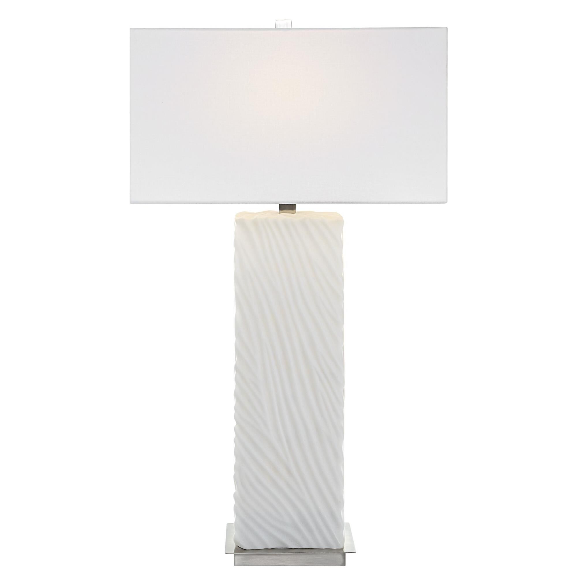 Shown in Stylish And Sophisticated, This Table Lamp Is Executed In A Rich Carved Material Made Of Granulated  finish and Rectangle Hardback shade