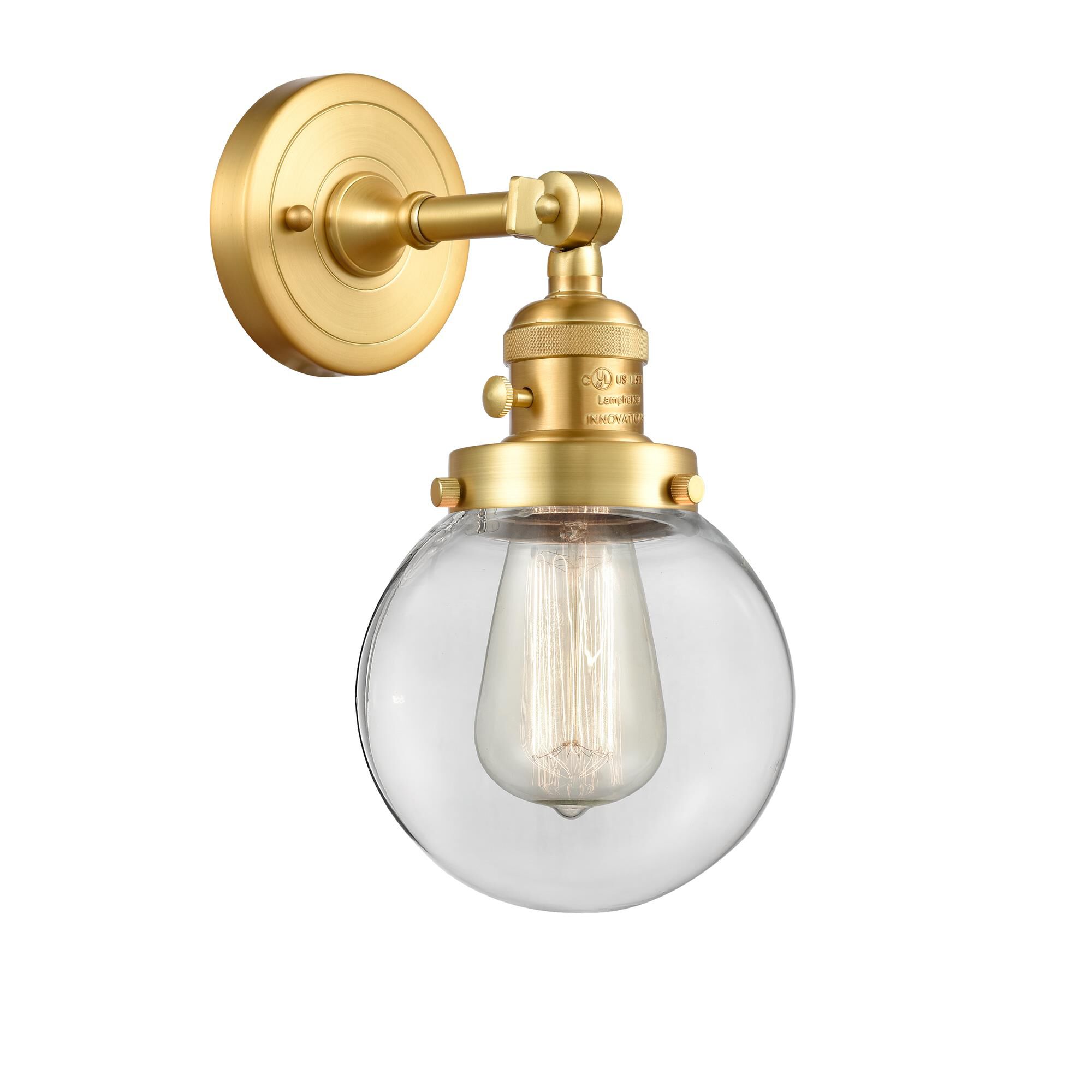 Shown in Satin Gold finish and Clear Beacon glass