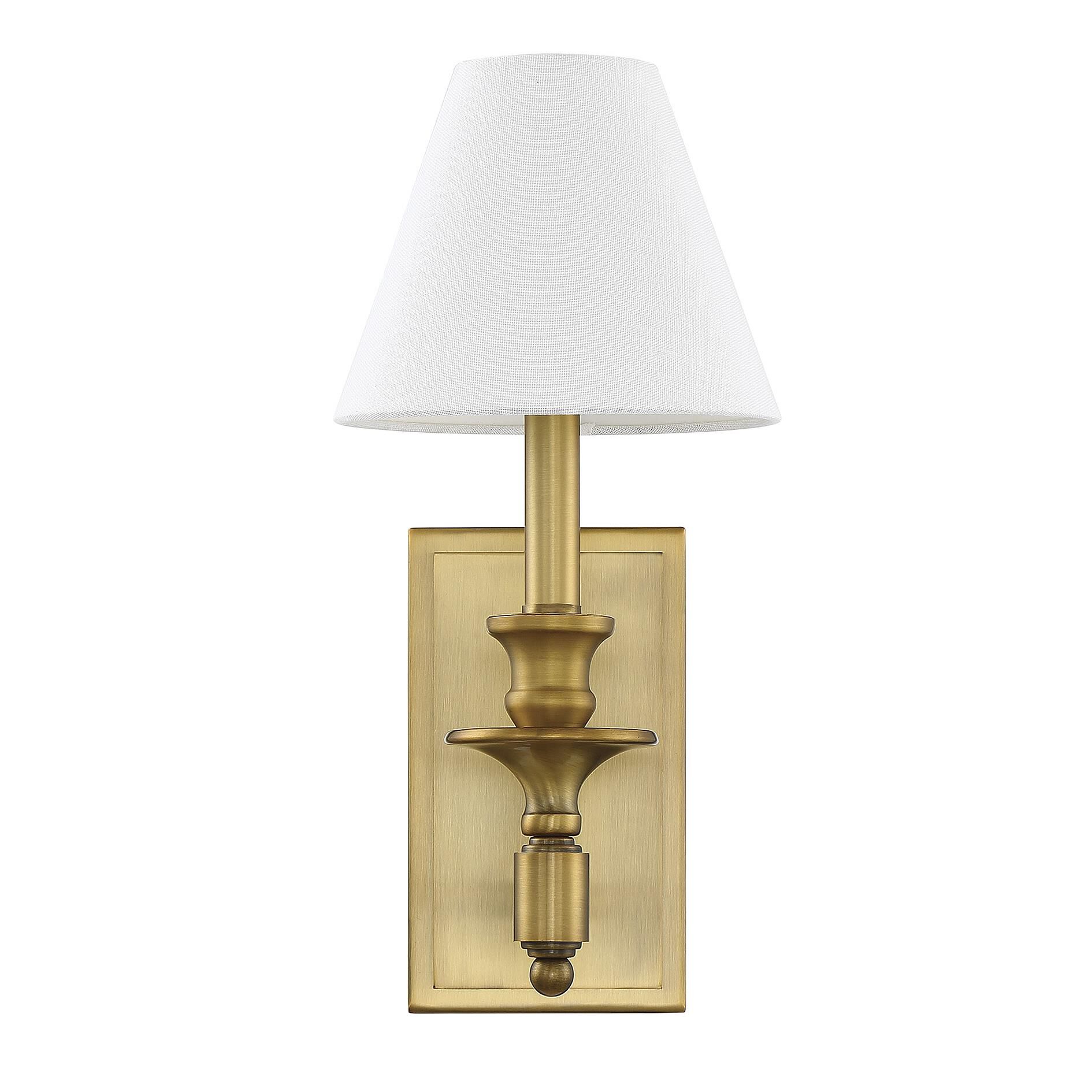 Shown in Warm Brass finish and White Linen shade
