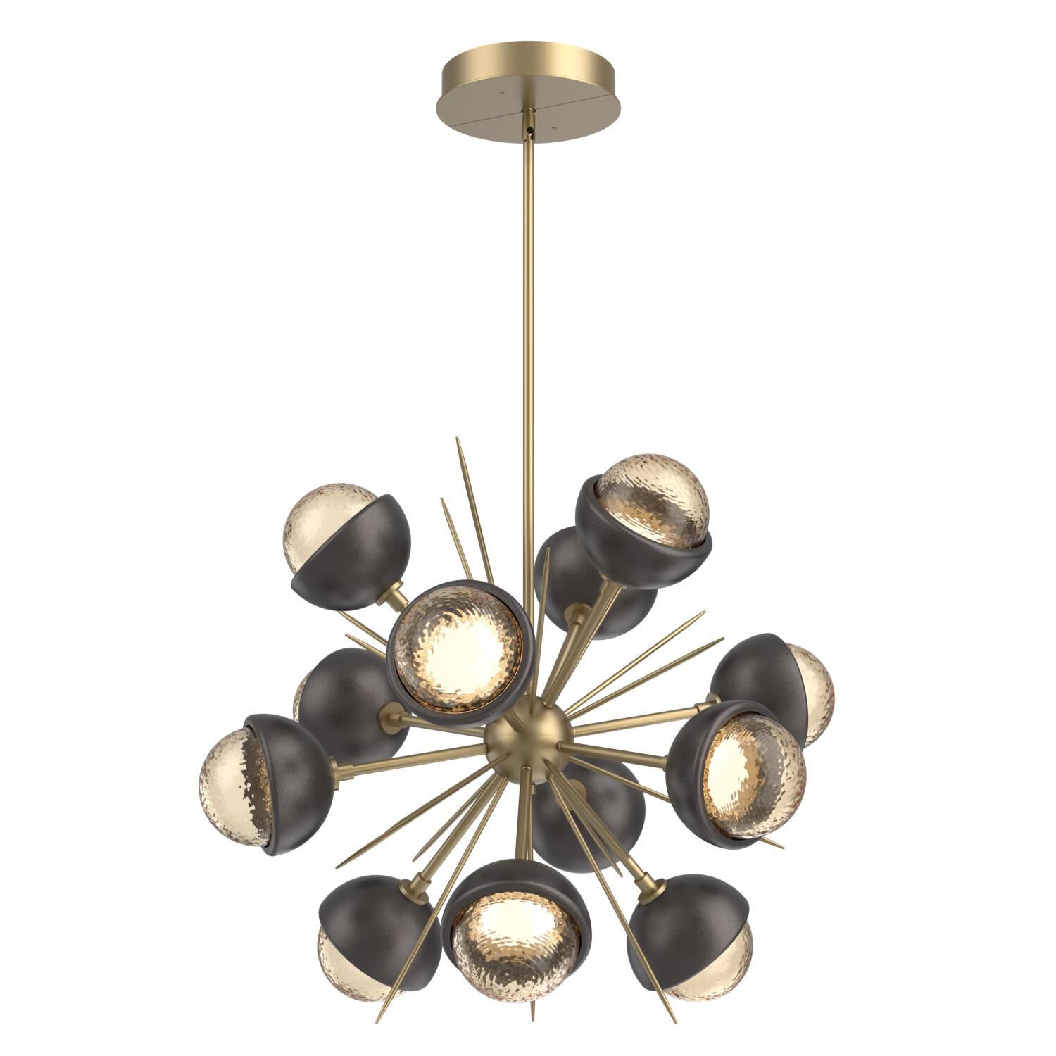 Shown in Gilded Brass finish and Amber glass and Graphite accent