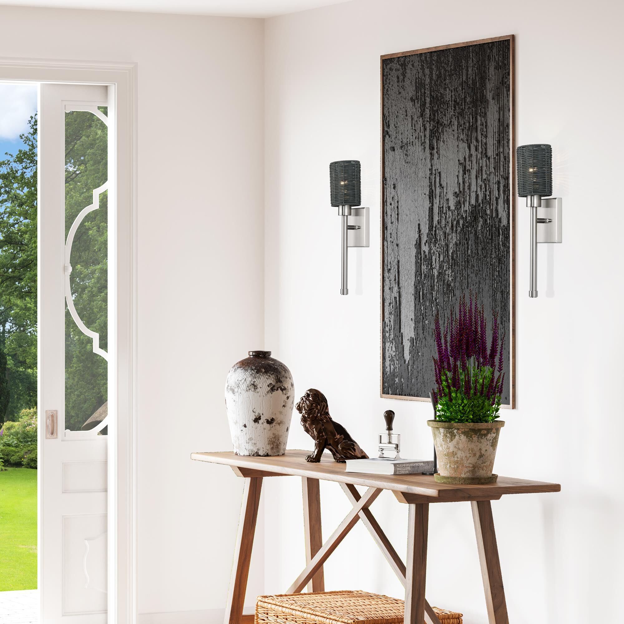 Shown in Brushed Nickel finish and Hand-Woven Charred Gray Color Rattan shade