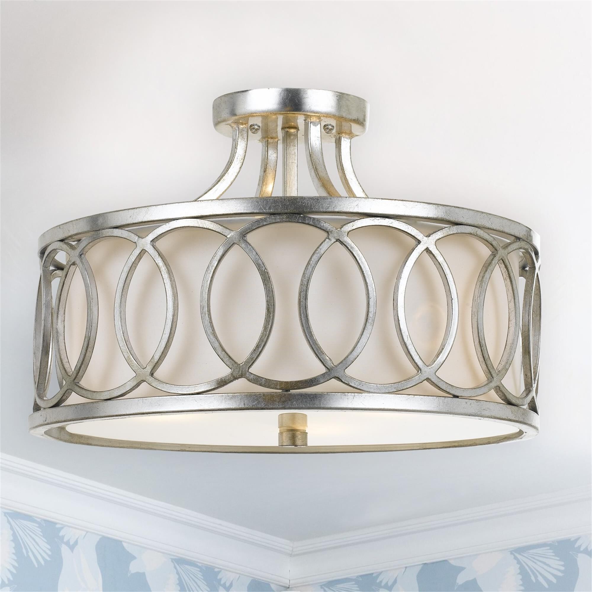 Shown in Antique Silver finish and Silk glass and White shade