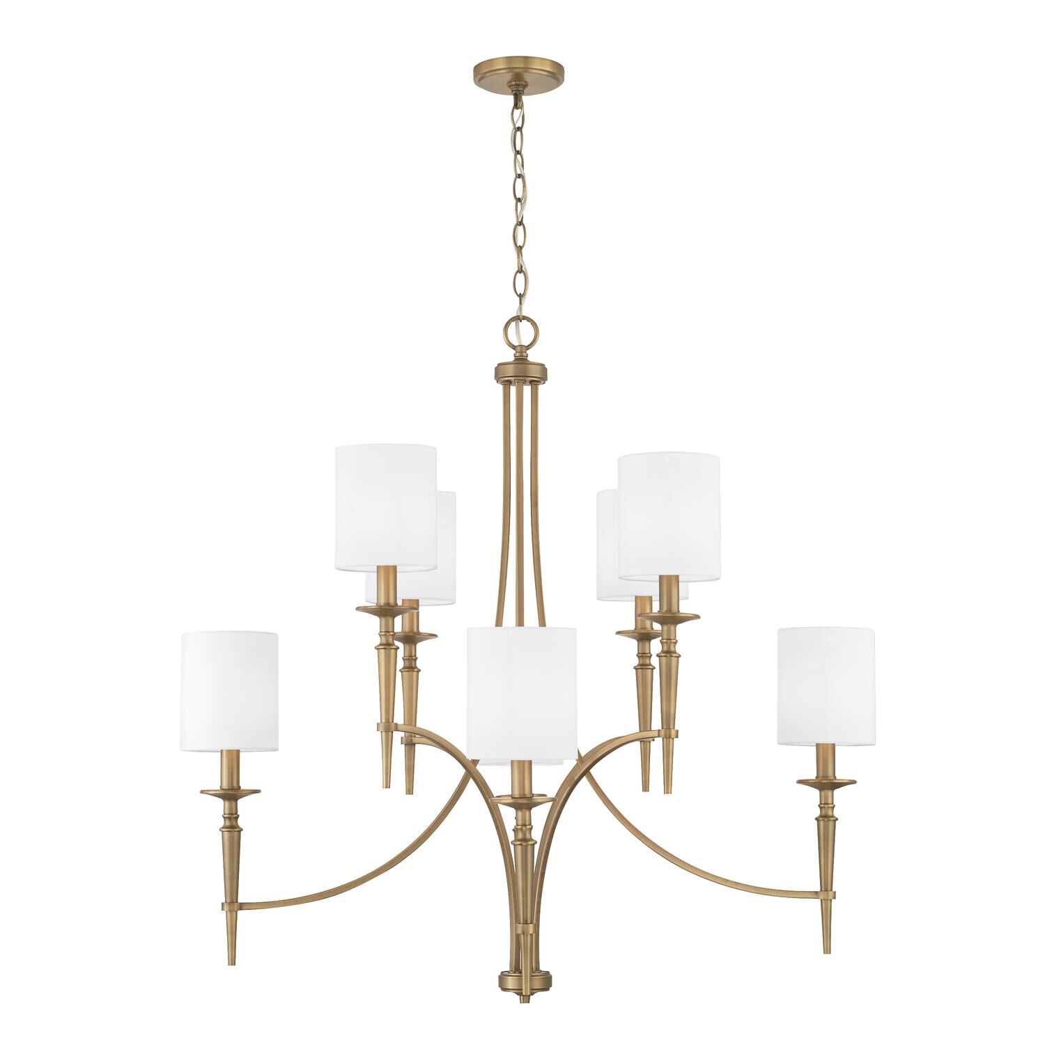 Shown in Aged Brass finish and 701 glass and White Fabric Stay-Straight s shade