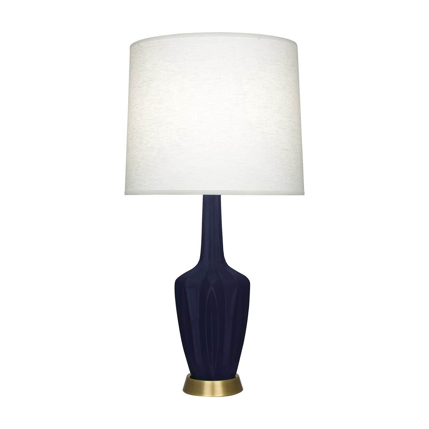 Shown in Matte Midnight Blue finish and Off White shade and Warm Brass accent
