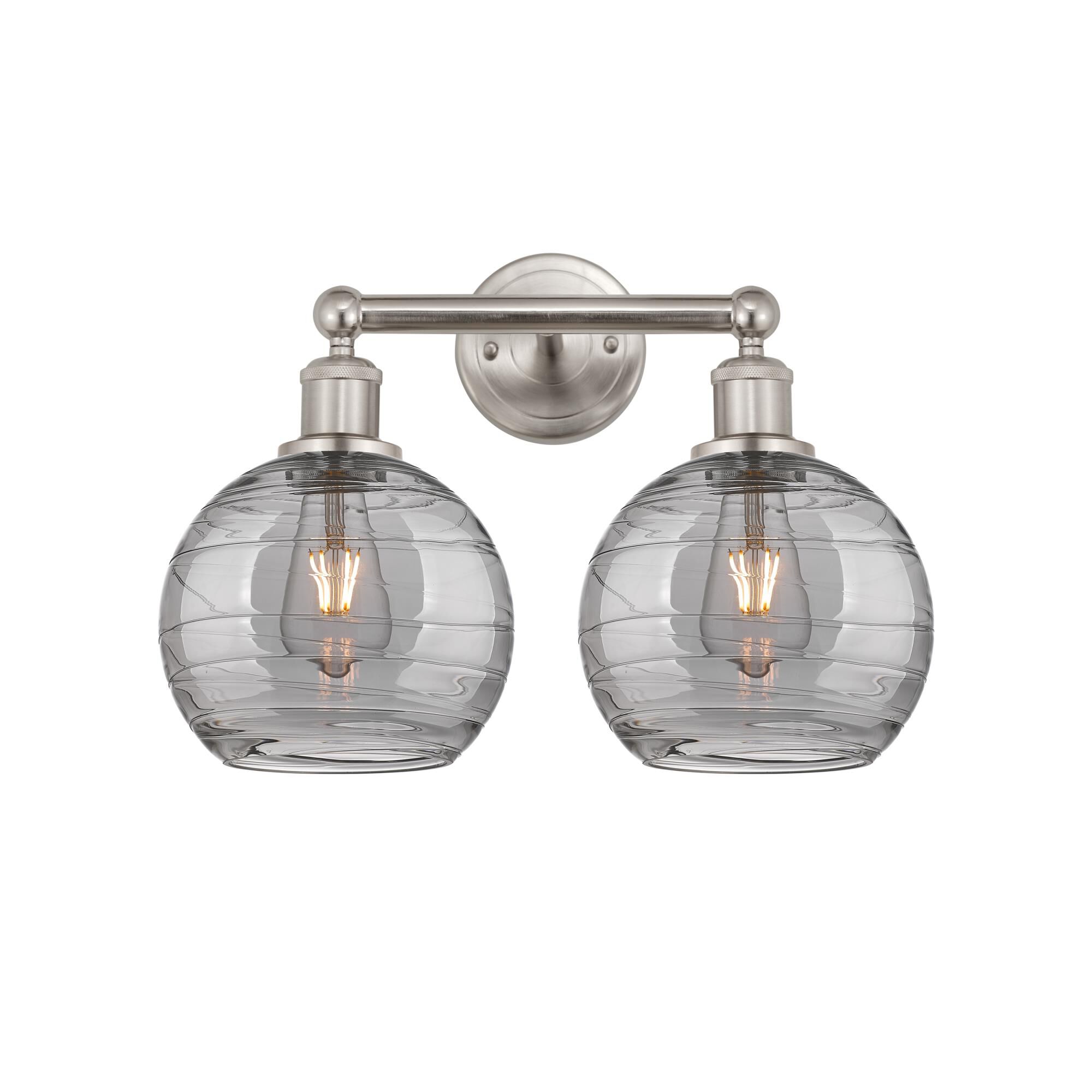 Shown in Satin Nickel finish and Light Smoke Deco Swirl glass