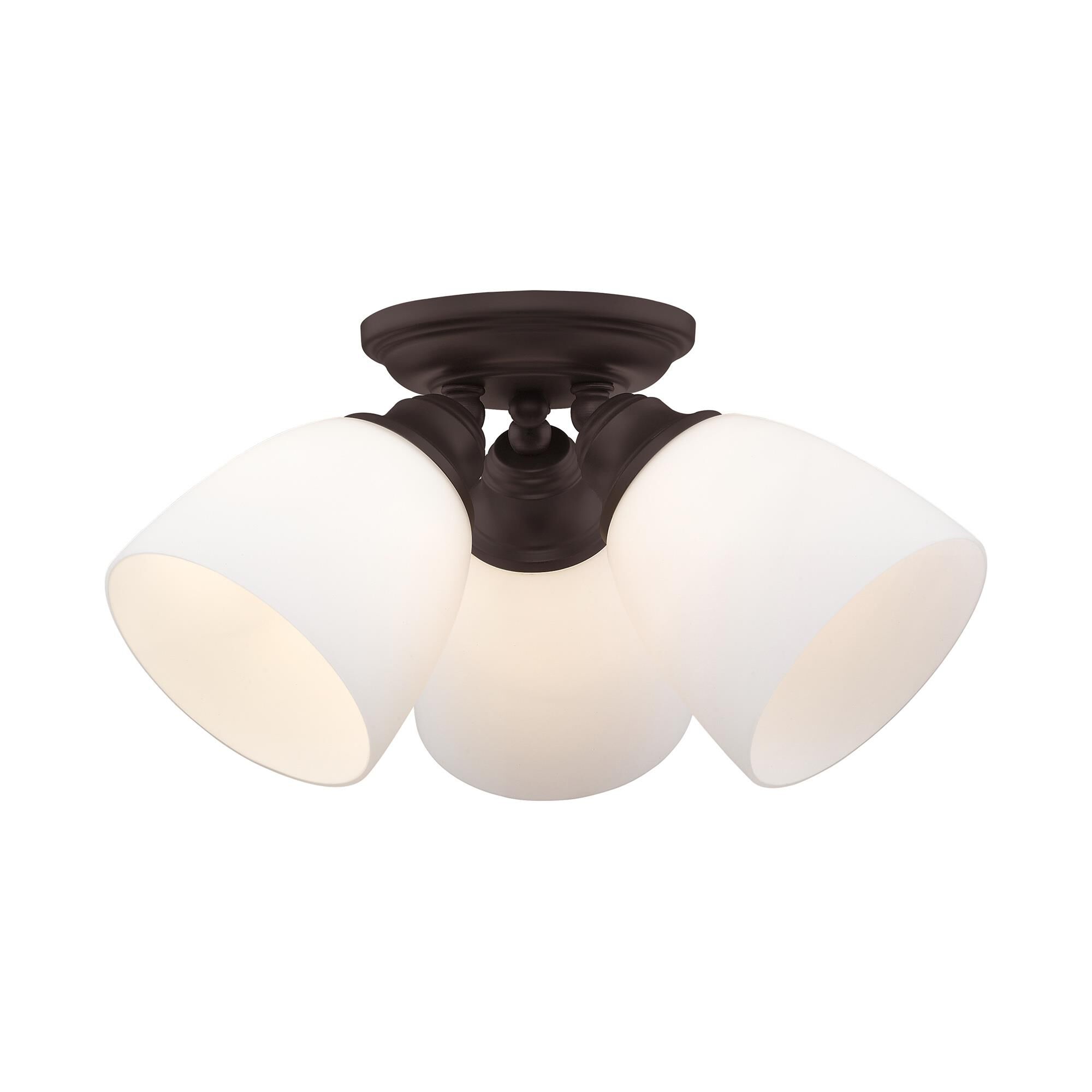 Shown in Bronze finish and Hand Blown Satin Opal White glass