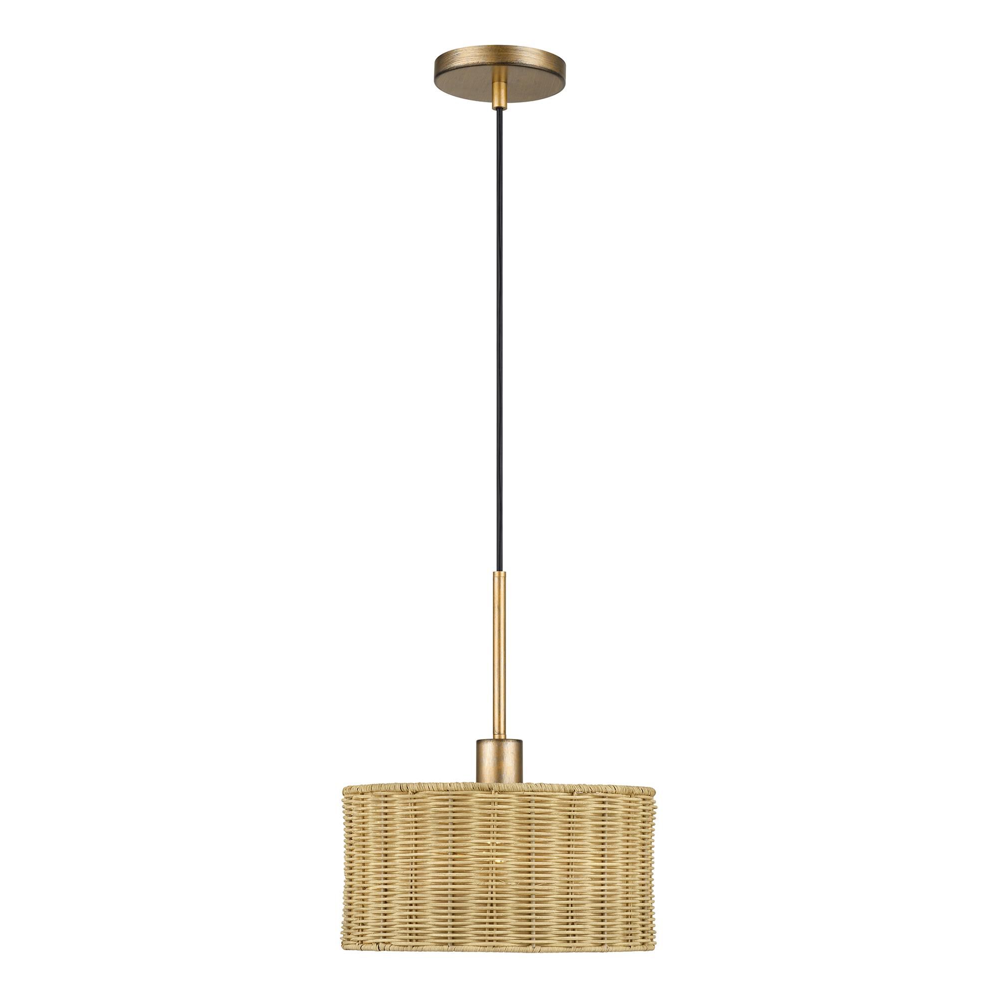 Shown in Antique Gold Leaf finish and Hand-Woven Rustic Walnut Color Rattan shade