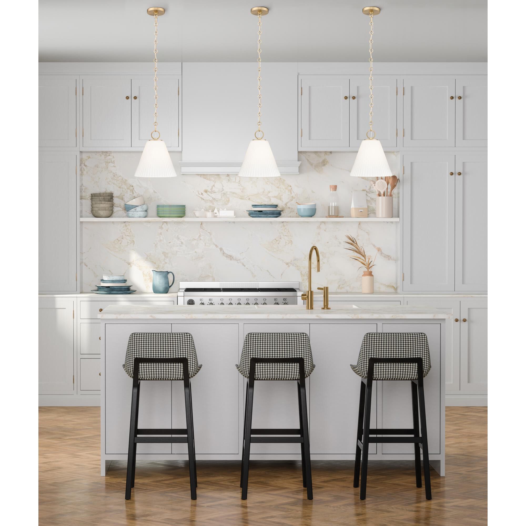 Shown in Modern Gold finish and White glass and White shade