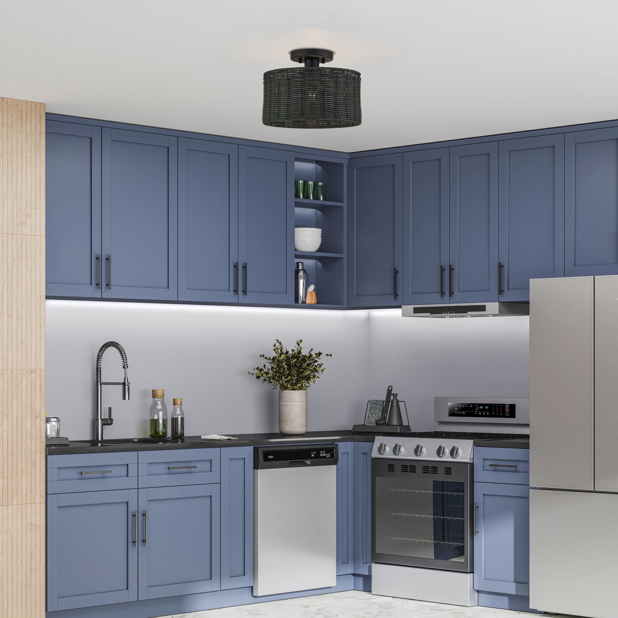 Shown in Black finish and Hand-Woven Charred Gray Color Rattan shade