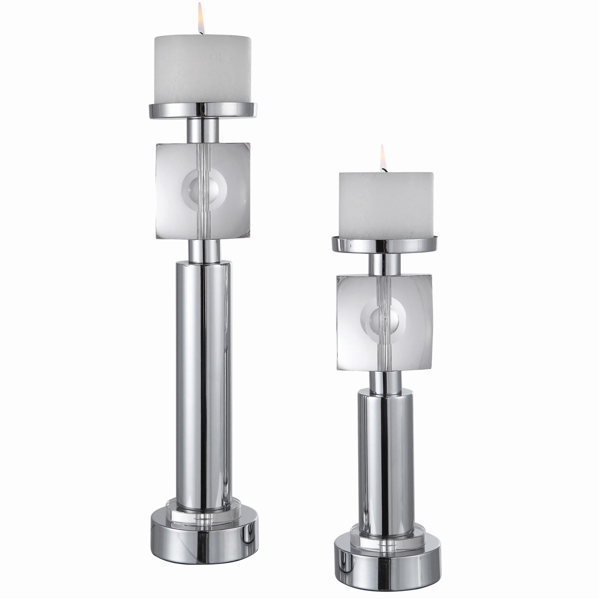 Shown in Set Of Two Candleholders Finished In Polished Nickel With Large, Square Crystal Accents. Includes Tw finish