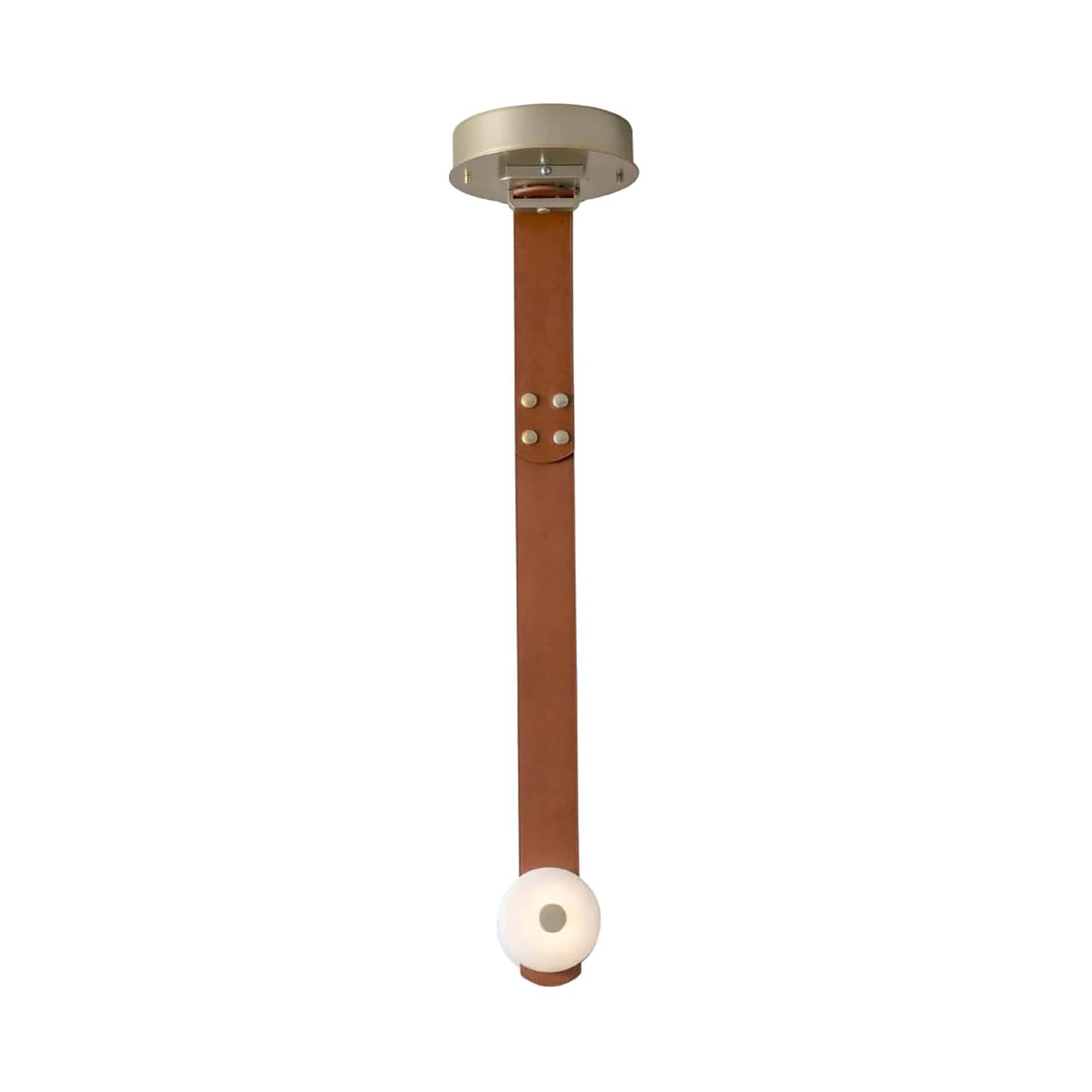 Shown in Modern Brass finish and Alabaster shade and Chestnut accent