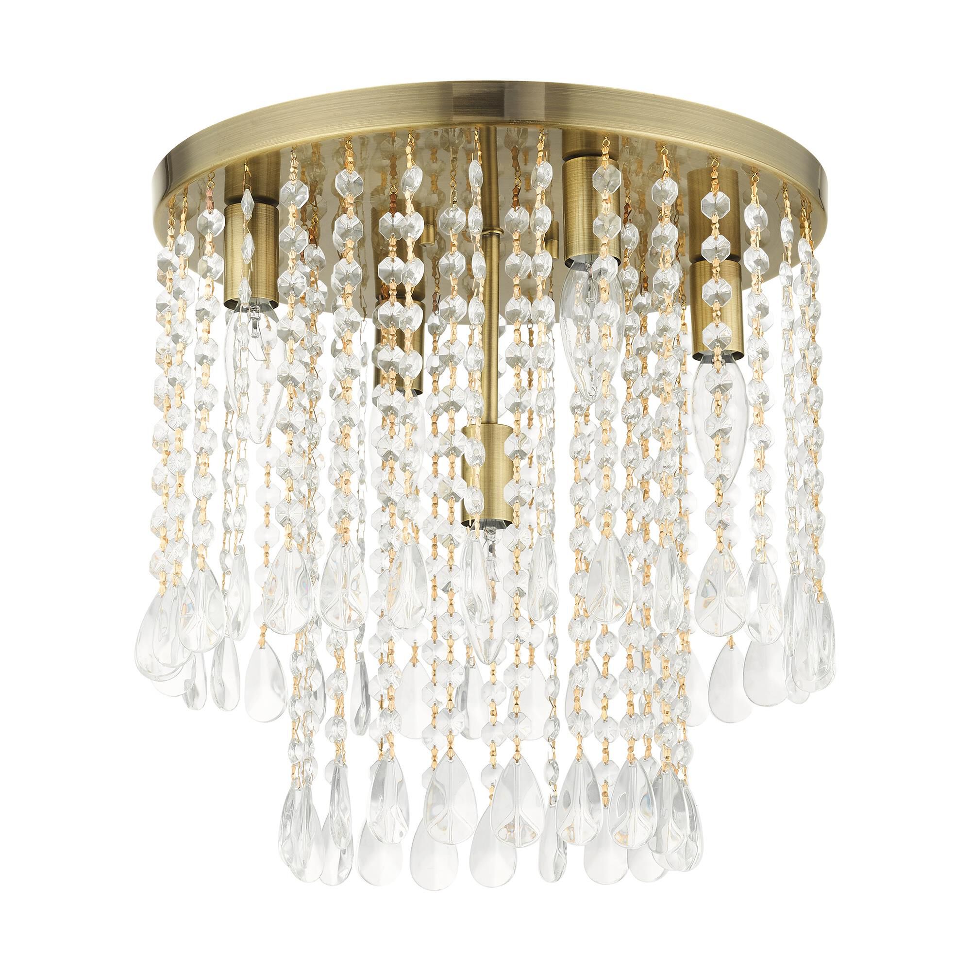 Shown in Antique Brass finish and Hand Assembled Crystal Shade glass