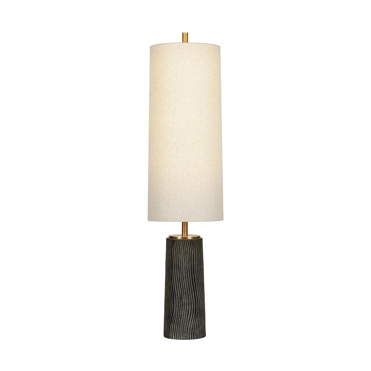 Shown in Patina Brass and Ceramic Meditation Grey finish and Natural Linen Fabric shade