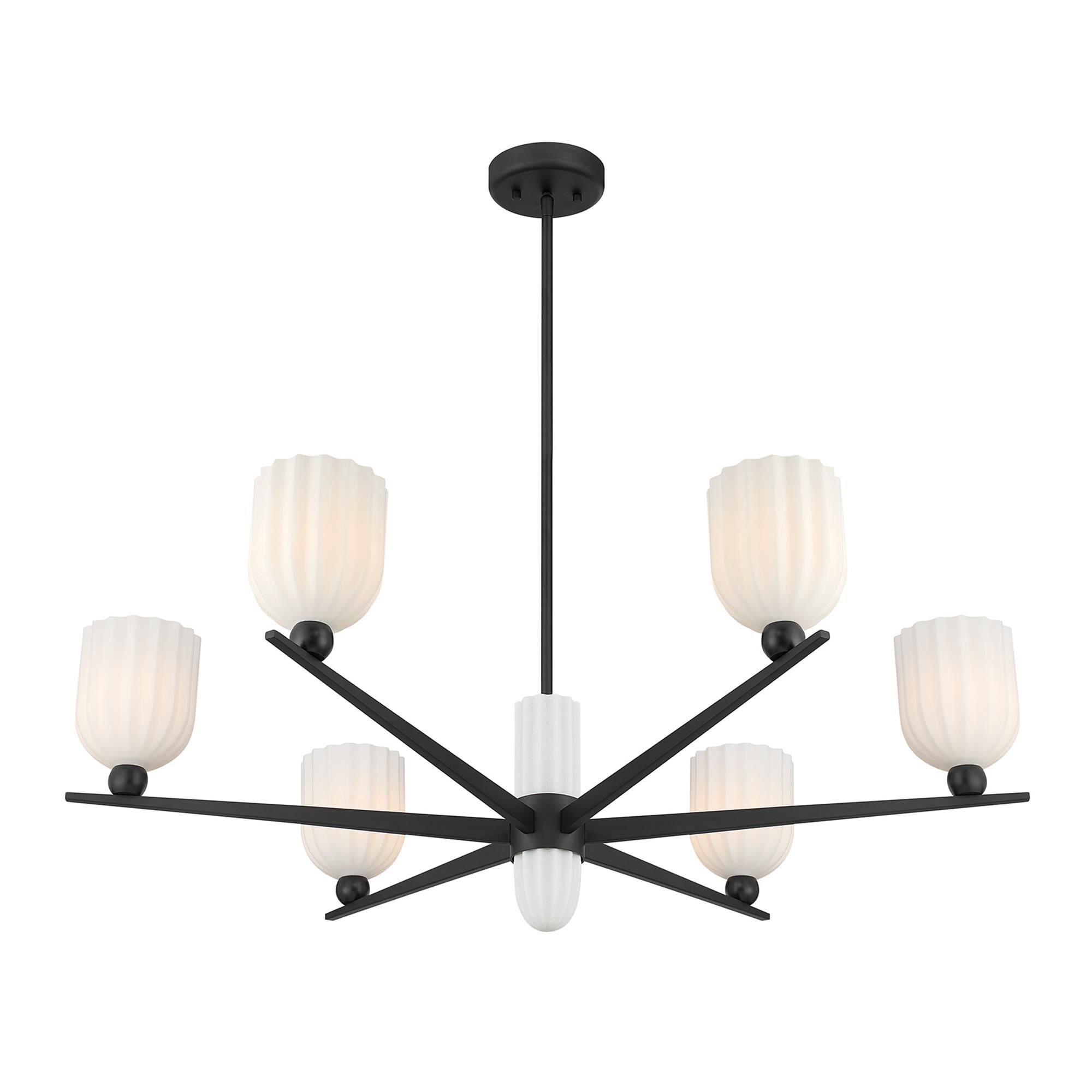 Shown in Matte Black finish and White Opal Ribbed glass and White Resin accent
