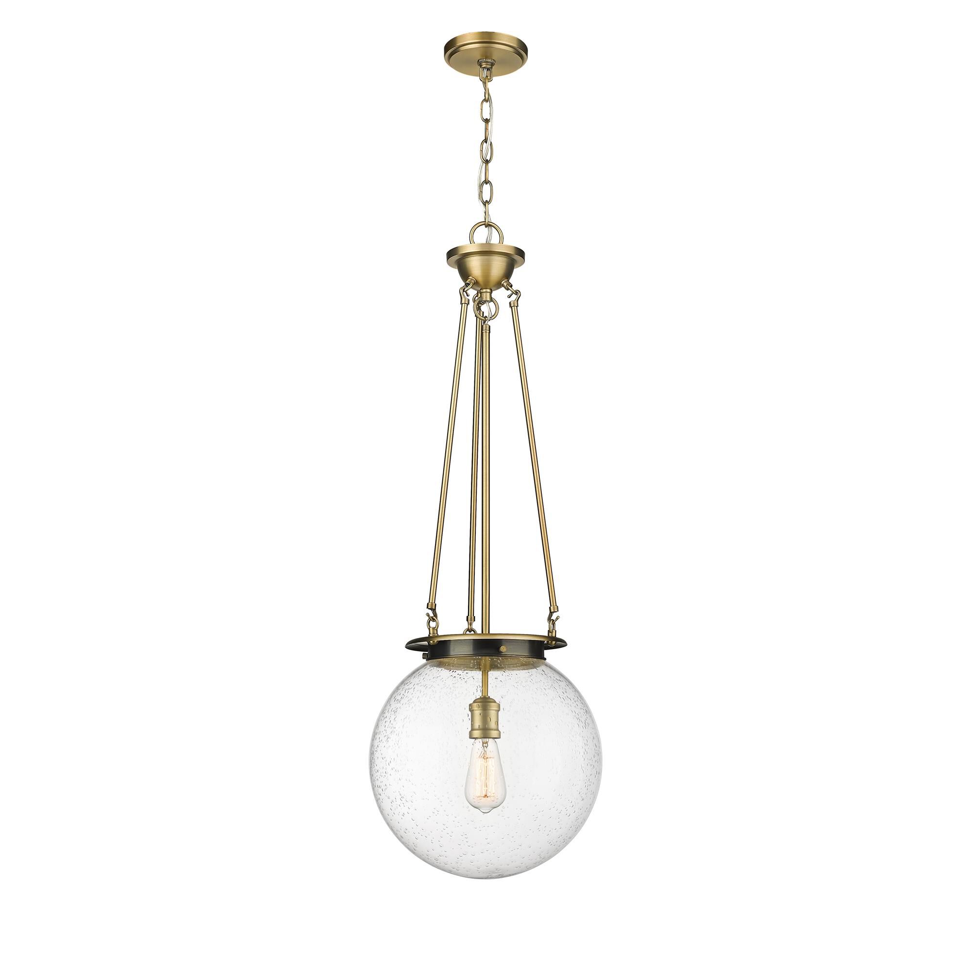 Shown in Brushed Brass finish and Seedy glass
