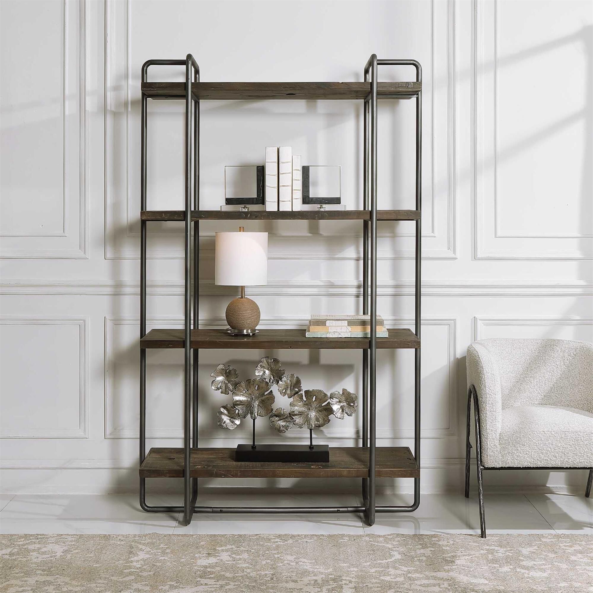 Shown in Exhibiting An Urban Industrial Feel, This Etagere Features A Steel Frame Finished In Dark Brushed Pe finish