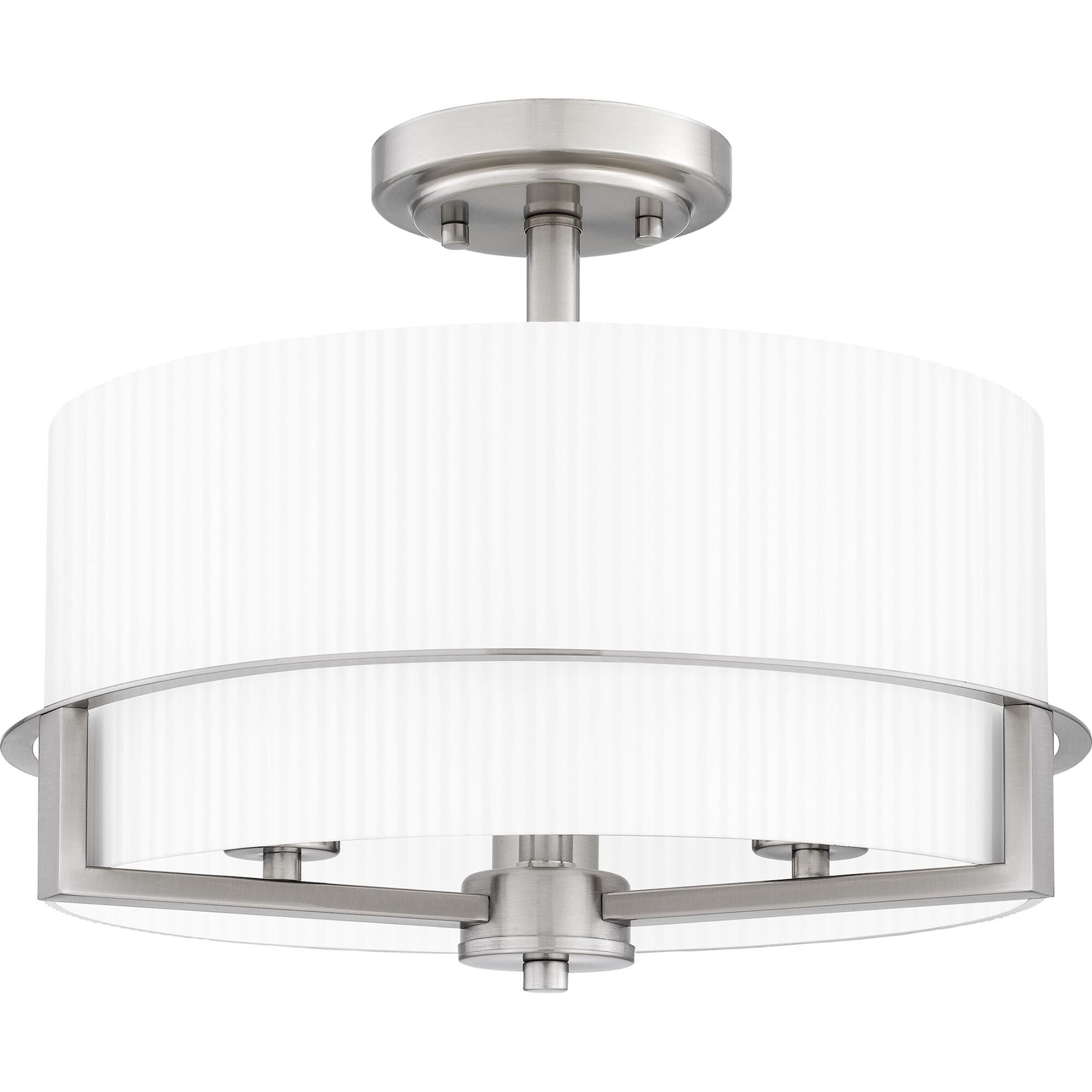 Shown in Brushed Nickel finish and Opal Etched Ribbed glass and Opal Etched Ribbed Glass shade