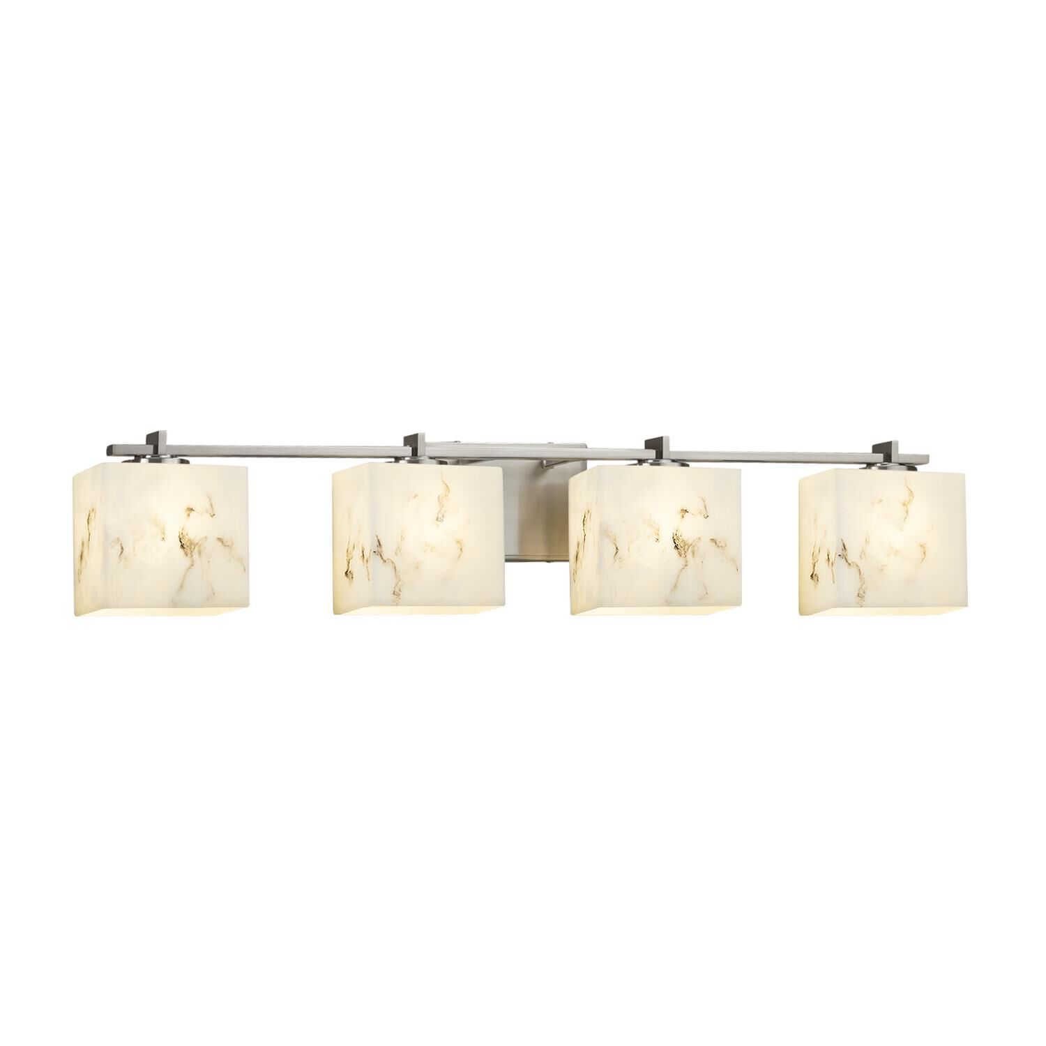 Shown in Brushed Nickel finish and Faux Alabaster Resin glass and Rectangle accent