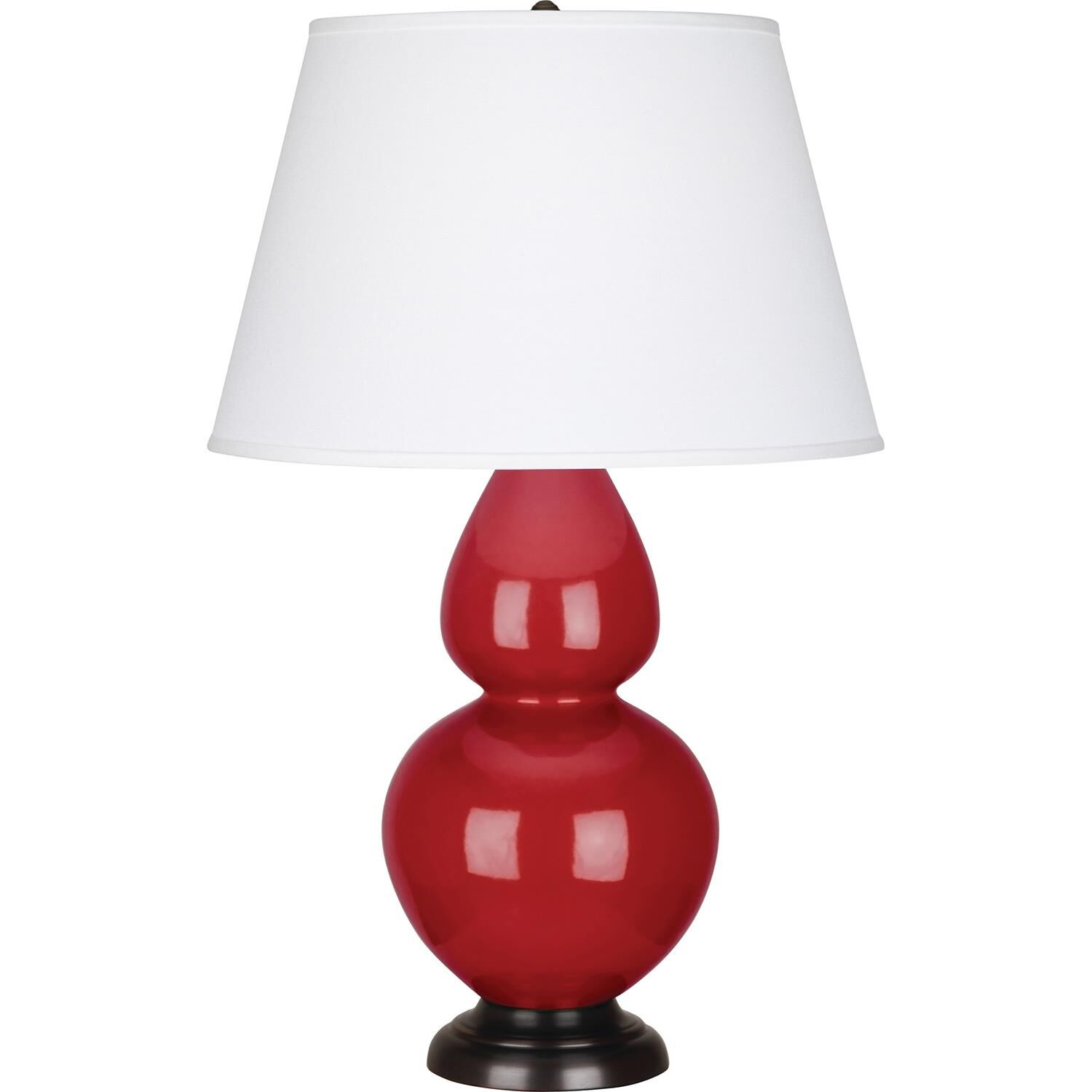 Shown in Ruby Red Glazed Ceramic With Deep Patina Bronze ed Accents finish and Pearl Dupioni Fabric shade