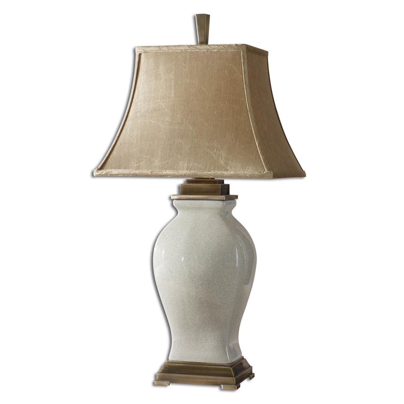 Shown in Crackled Aged Ivory finish and Crackled Aged Ivory glass and Champagne Fabric shade