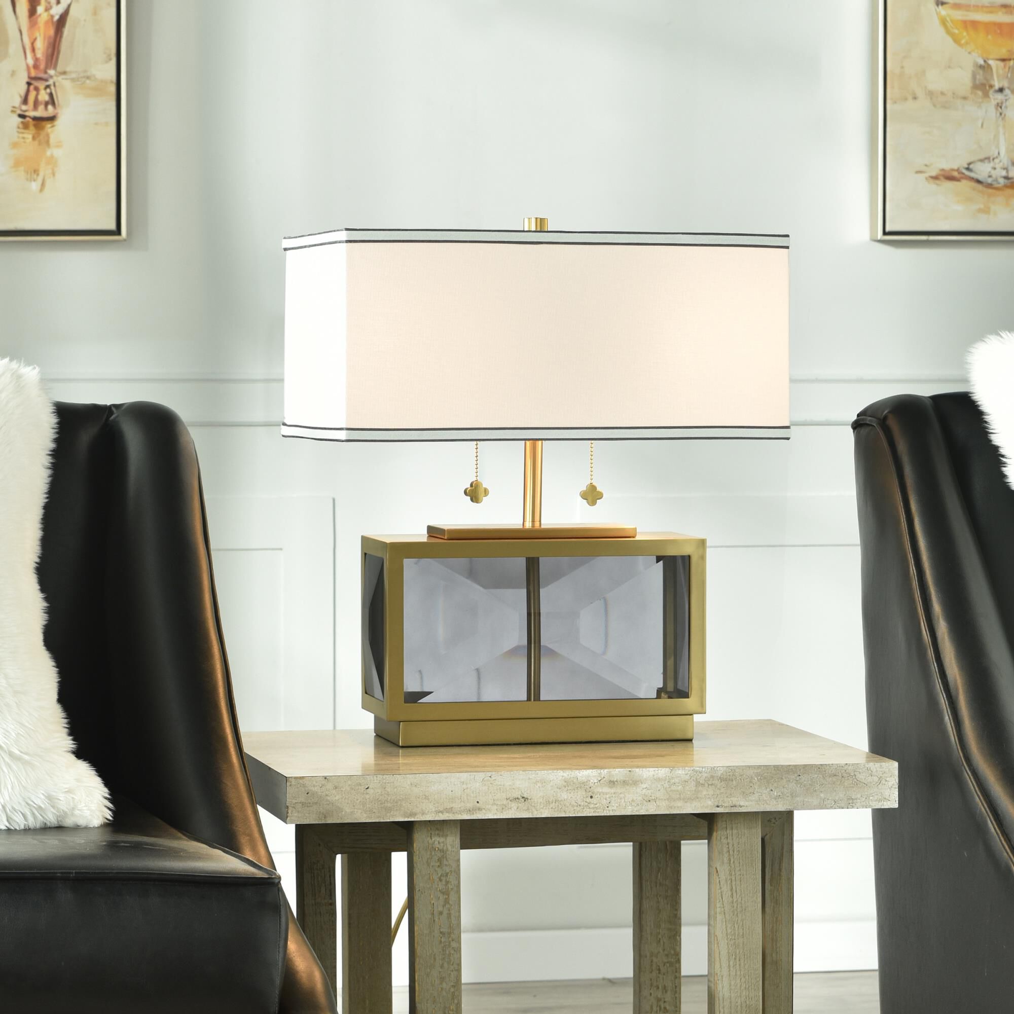Shown in Polished Brass and Smoke Gray finish and Off-White With Black Double-Lined Trim shade