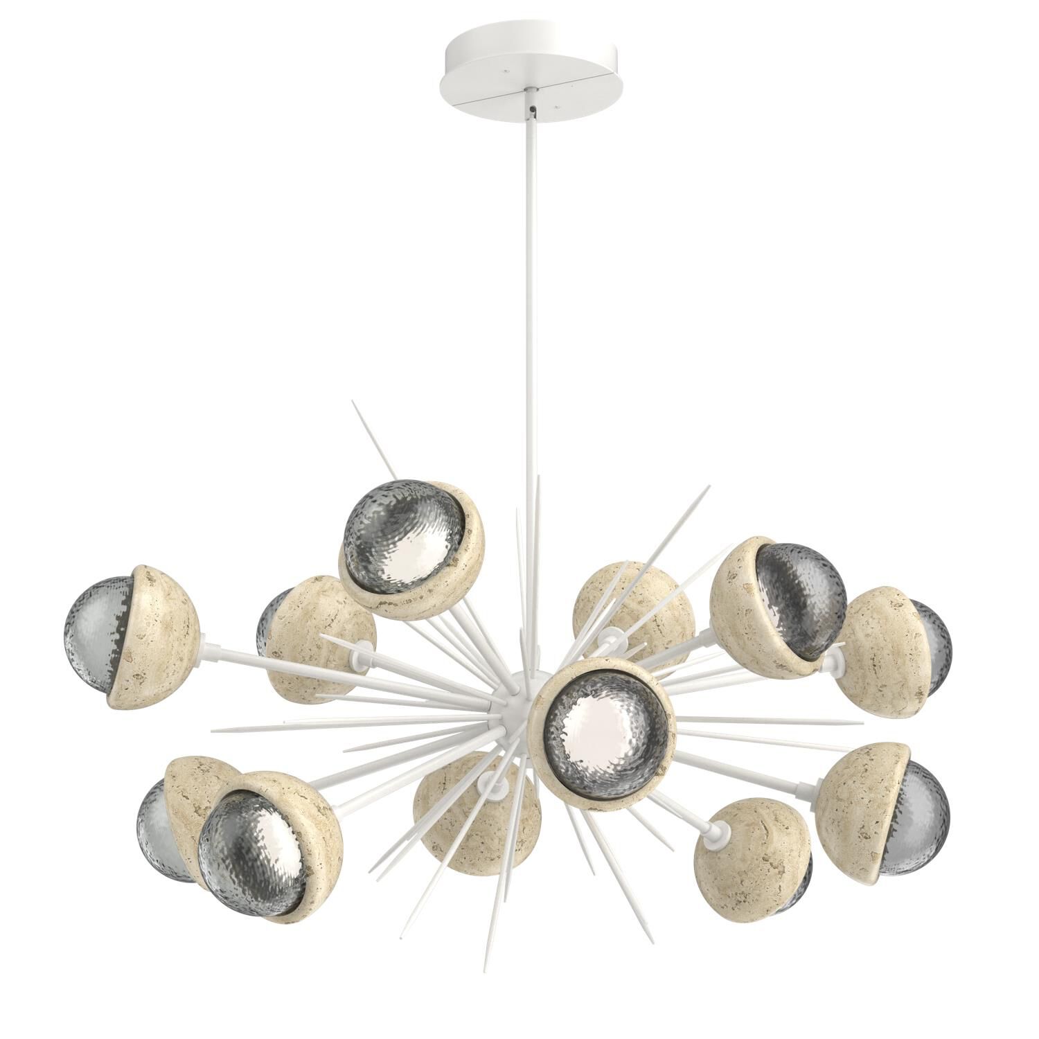 Shown in Salt White finish and Smoke glass and Travertine Stone accent