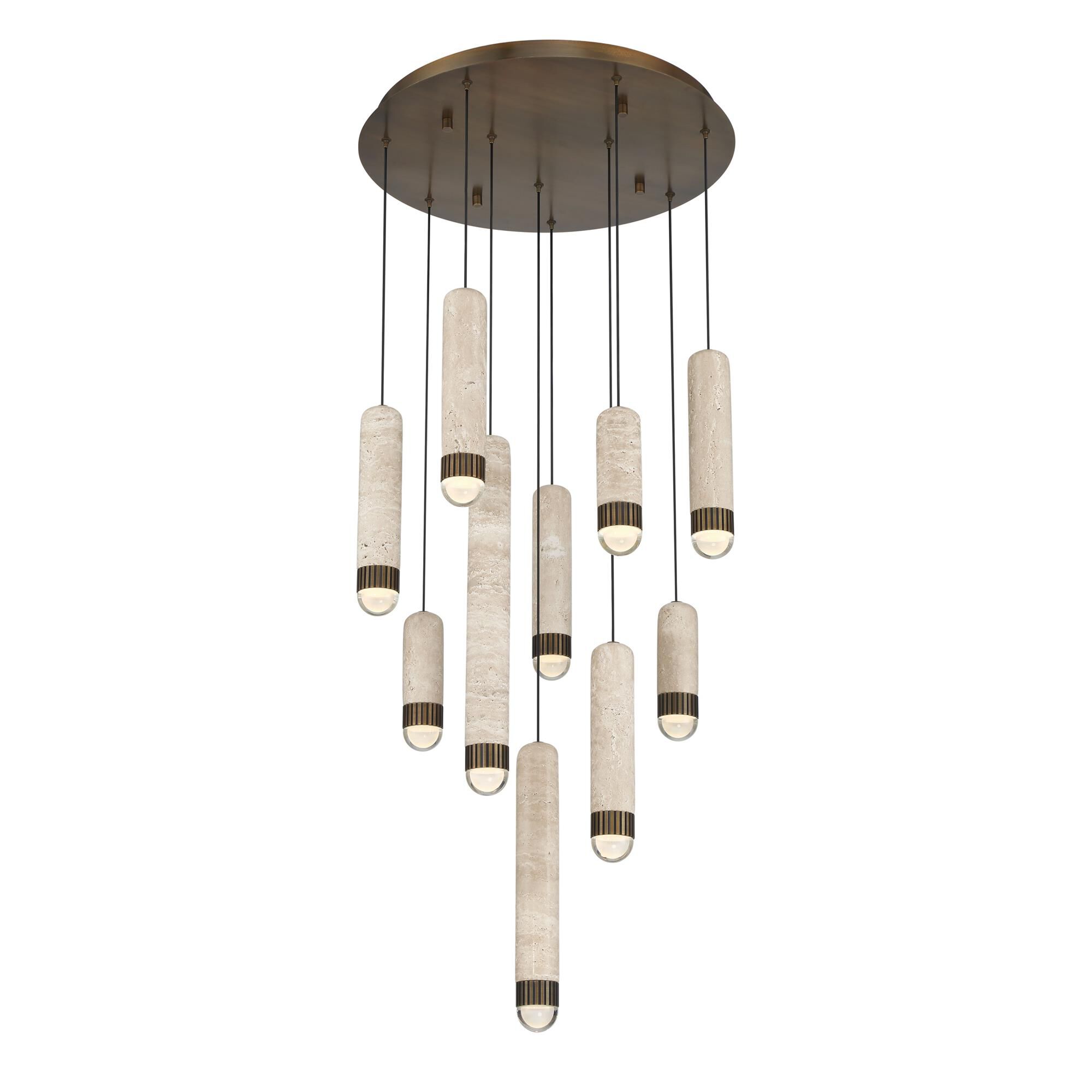 Shown in Antique Brass finish and Travertine shade