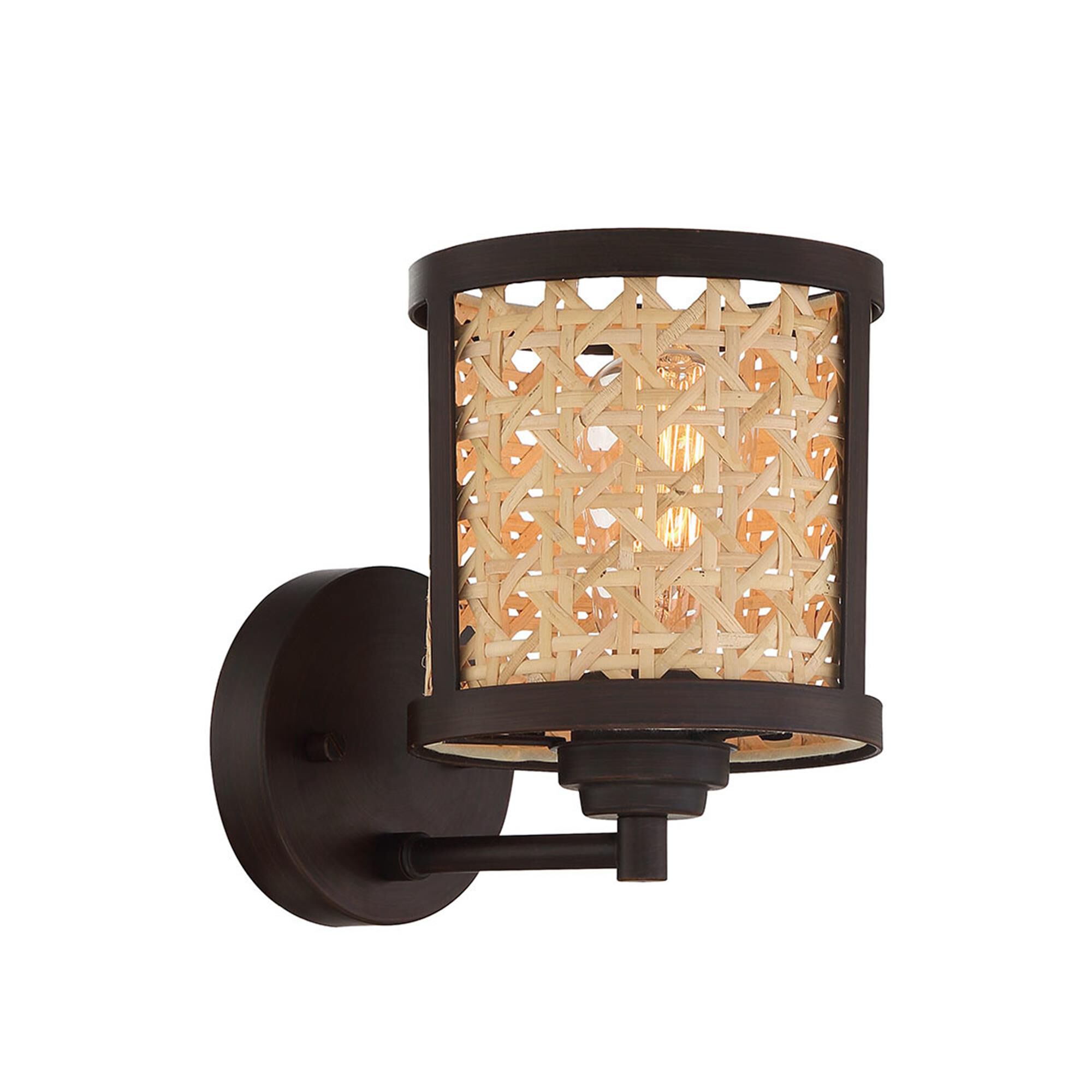 Shown in Aged Bronze Brushed finish and Natural glass and Rattan shade