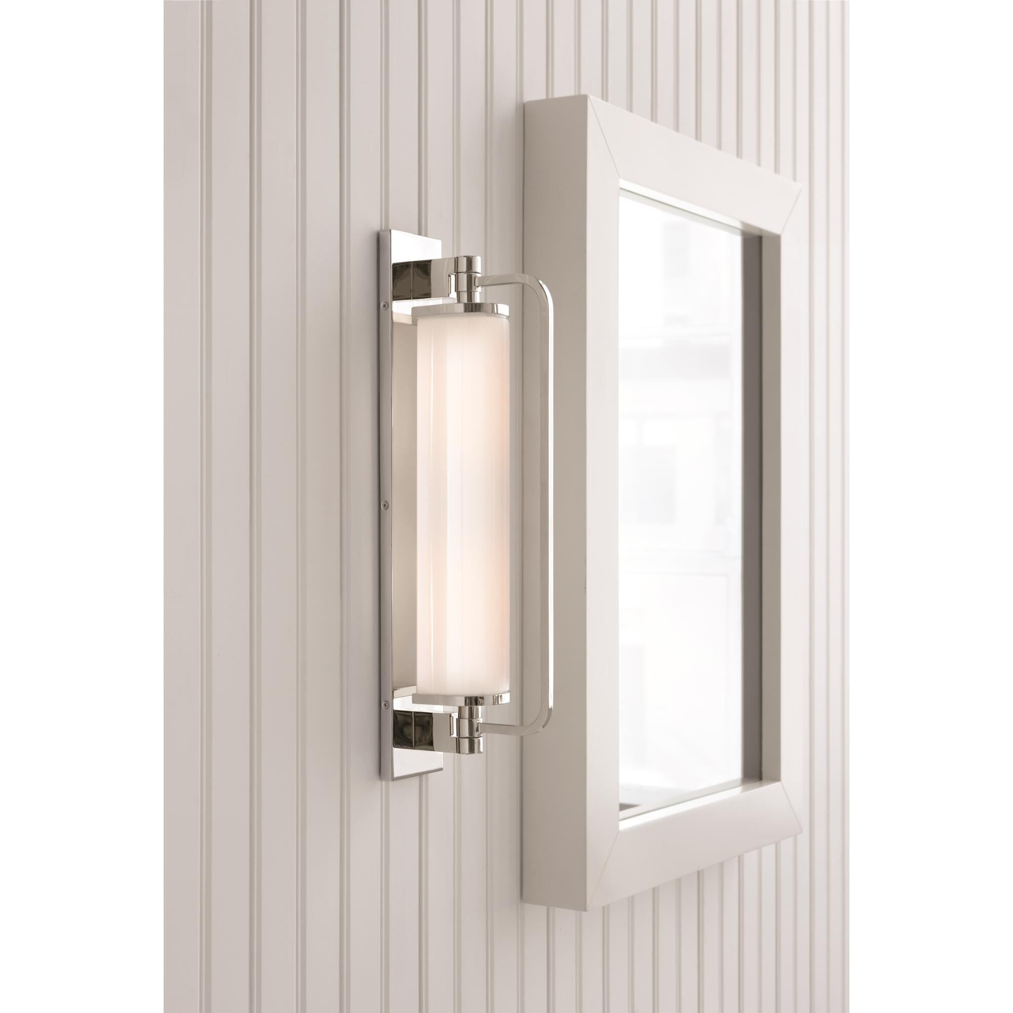 Shown in Polished Nickel finish and White glass