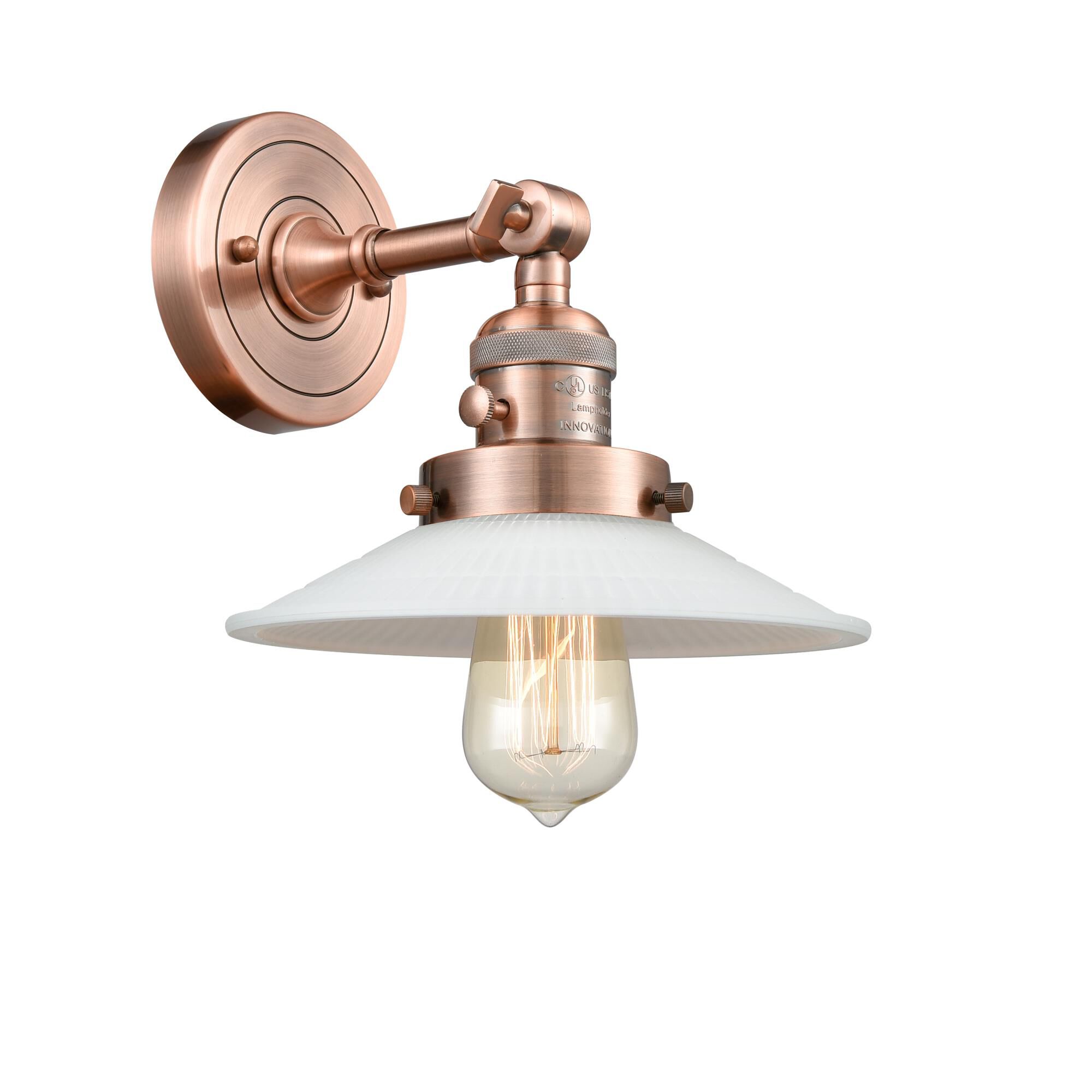 Shown in Antique Copper finish and Matte White Halophane - Cone glass