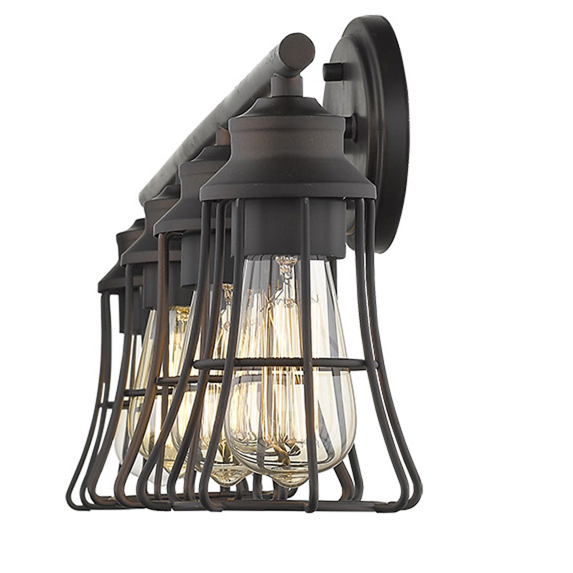 Shown in Oil-Rubbed Bronze finish and Oil-Rubbed Bronze glass and Oil-Rubbed Bronze, Geometric Metal Cage s shade