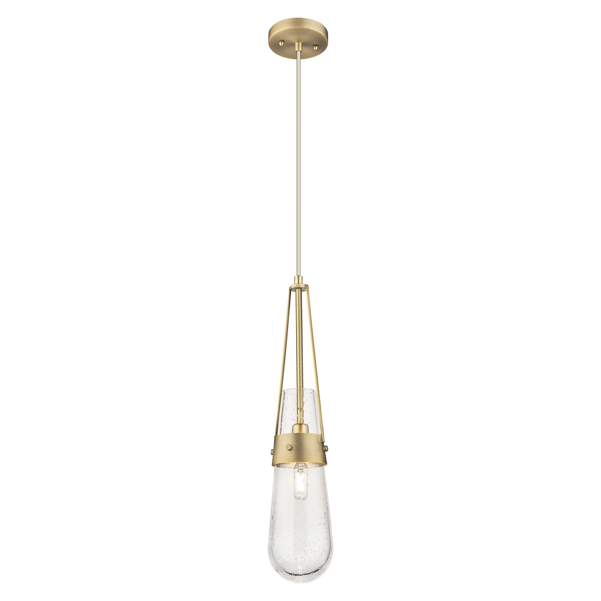 Shown in Brushed Brass finish and Seedy glass