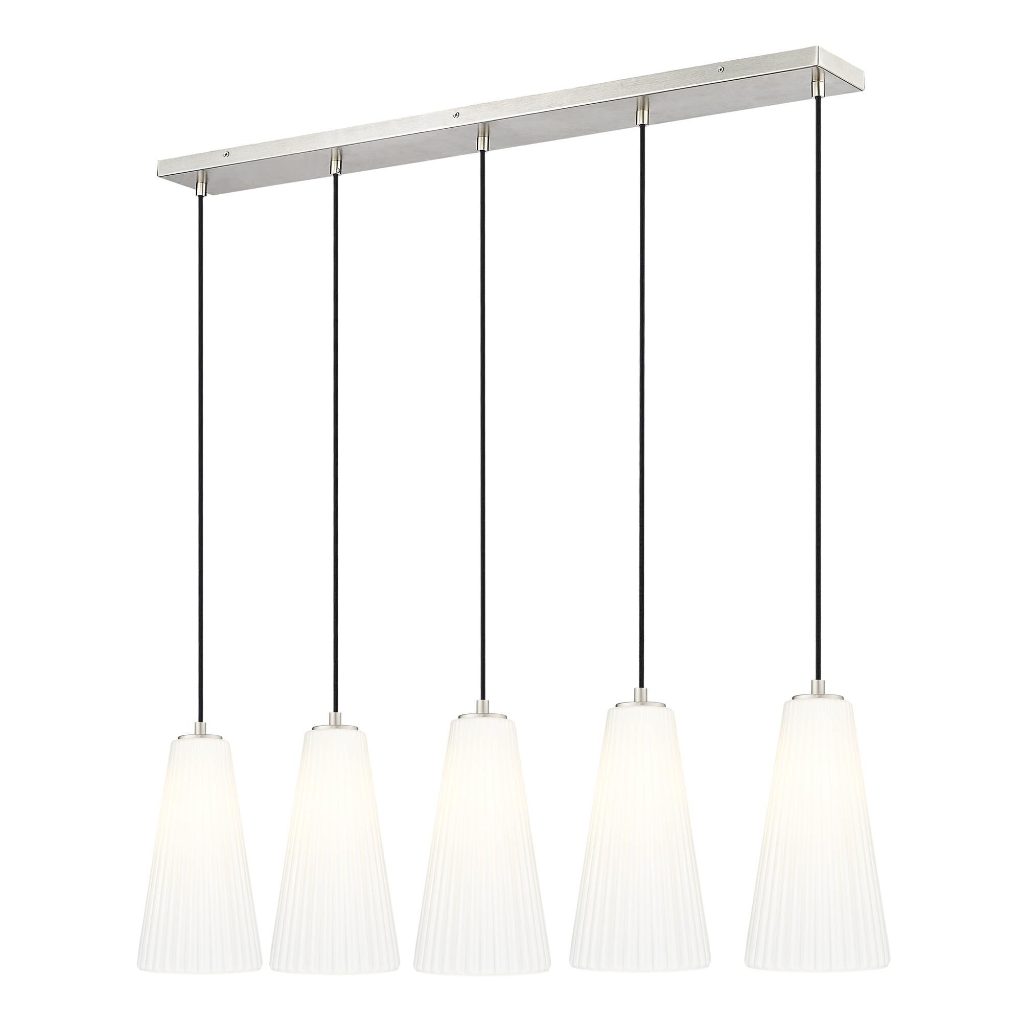 Shown in Brushed Nickel finish and White glass and White shade