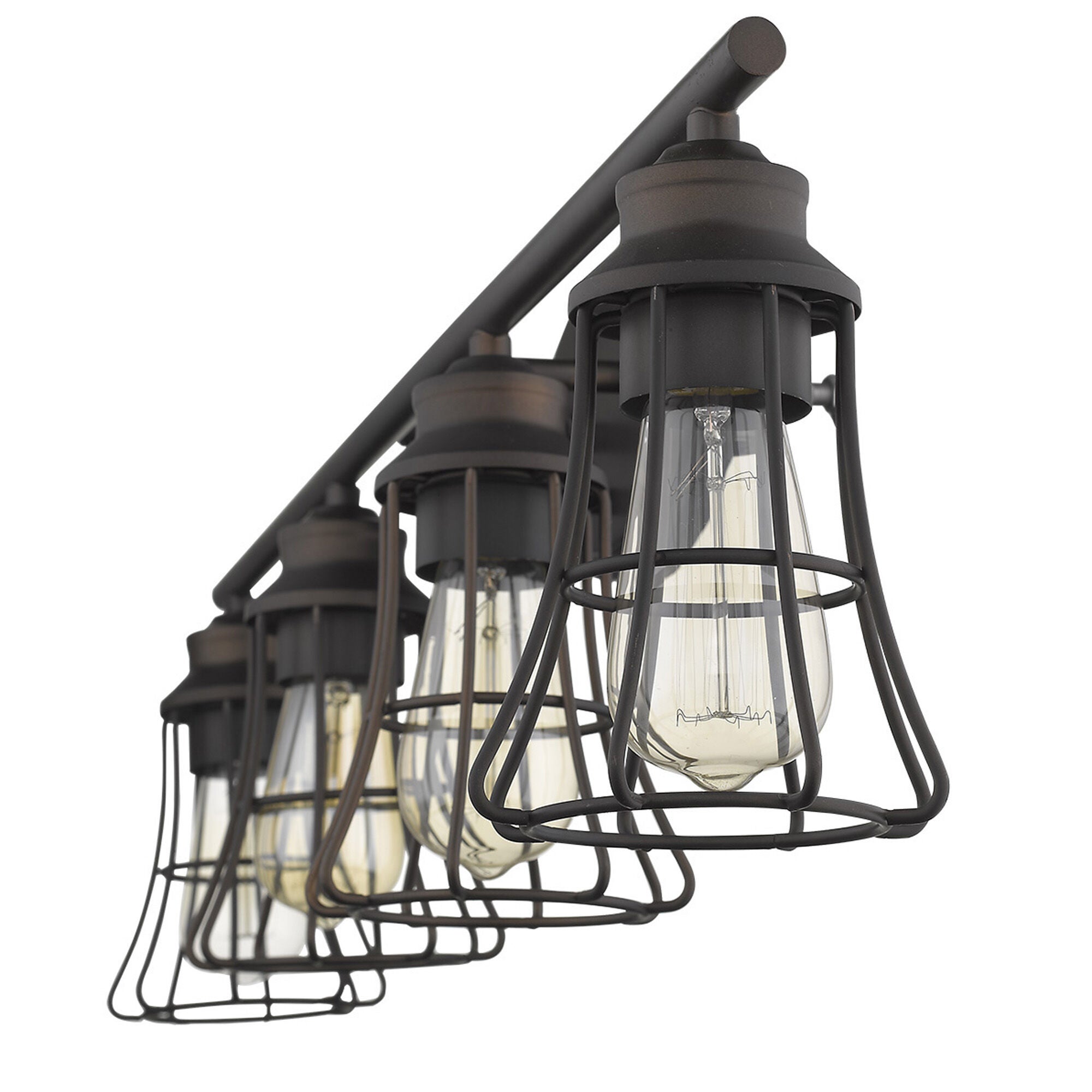 Shown in Oil-Rubbed Bronze finish and Oil-Rubbed Bronze glass and Oil-Rubbed Bronze, Geometric Metal Cage s shade