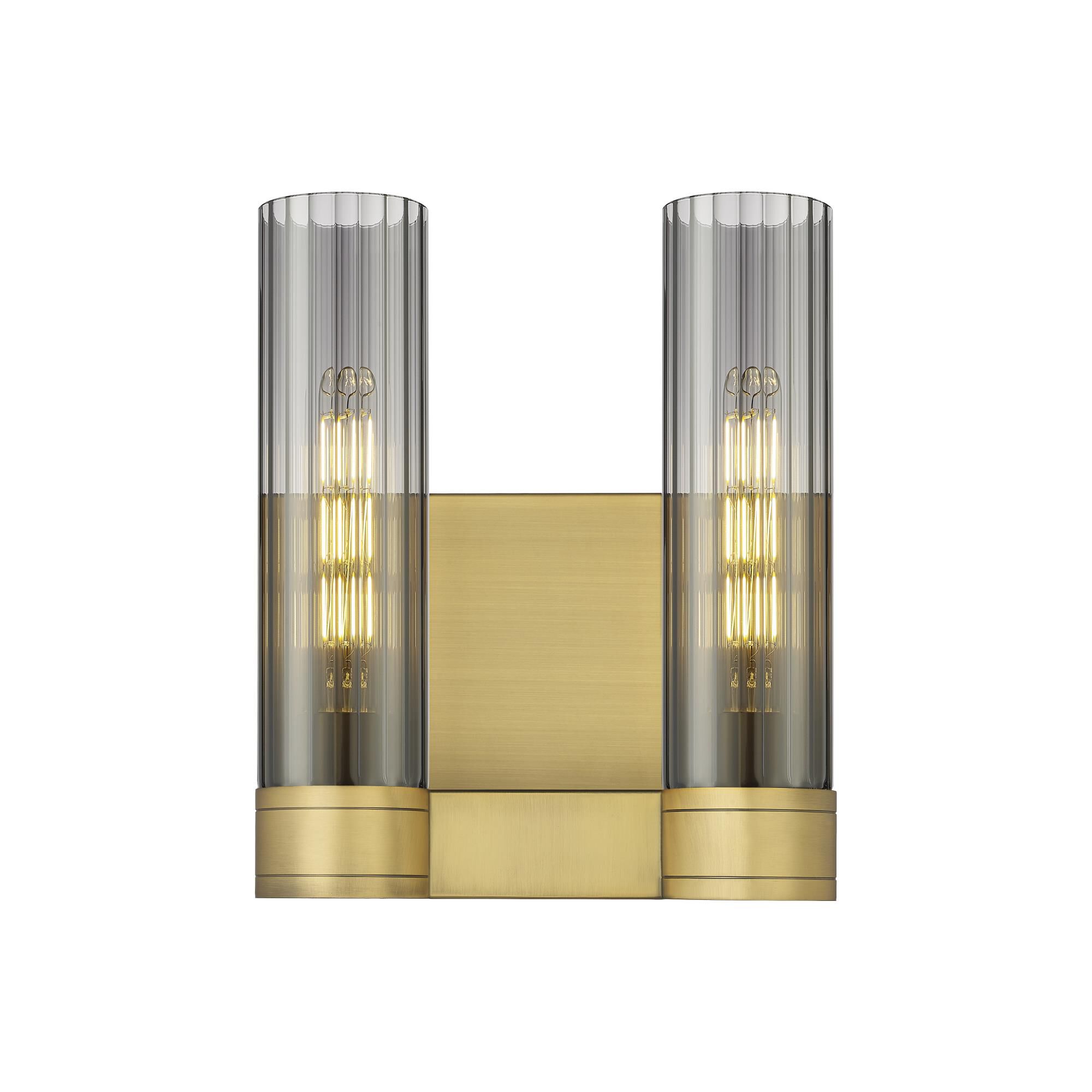 Shown in Brushed Brass finish and Plated Smoke glass and Plated Smoke Glass shade