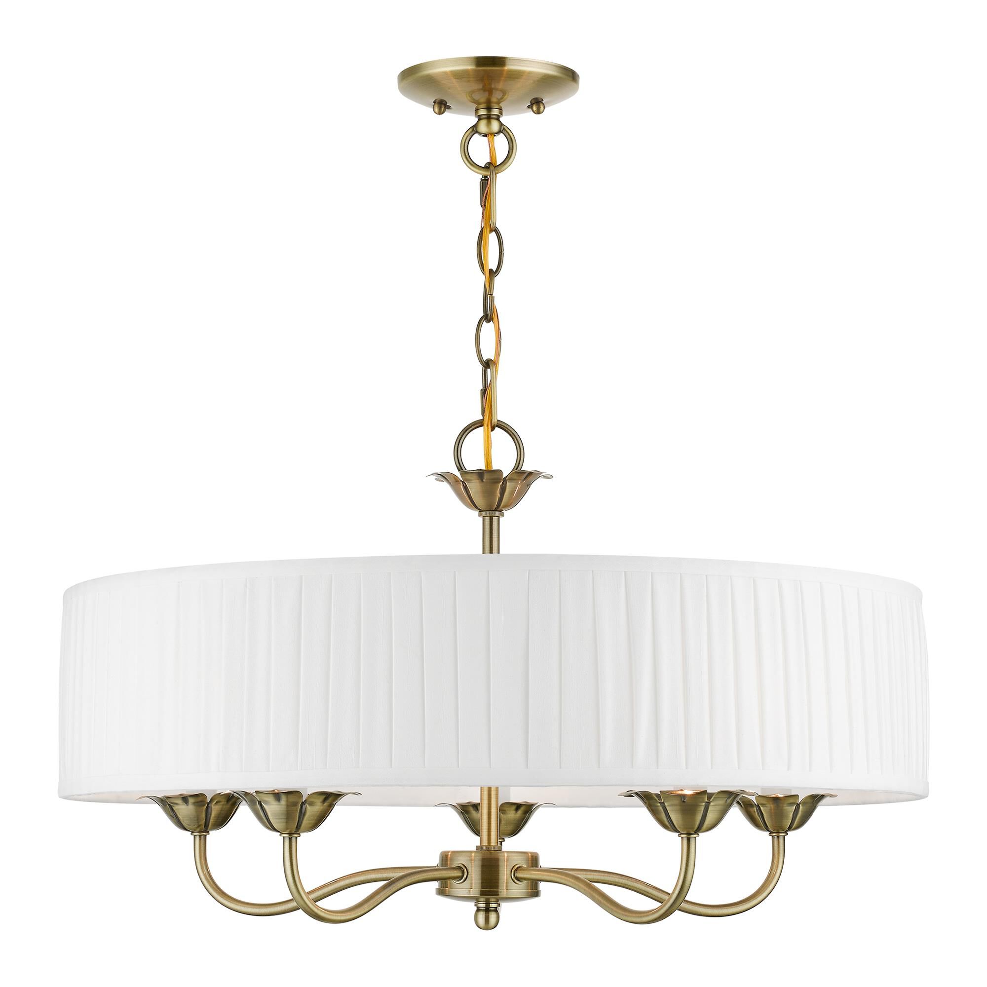 Shown in Antique Brass finish and Off-White Fabric Hardback with White Fabric Inside shade