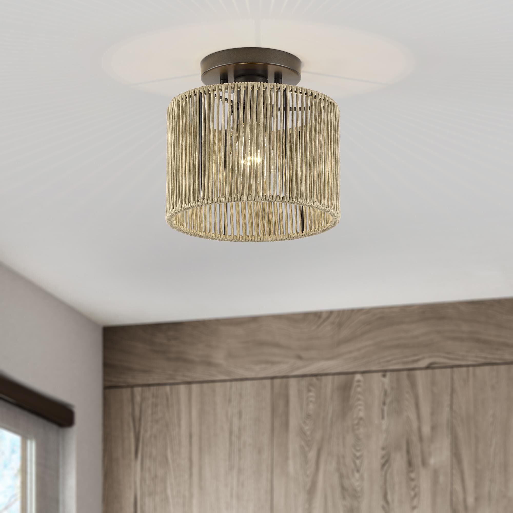 Shown in English Bronze finish and Hand-Woven Venetian Gold Color Polyester Rope shade