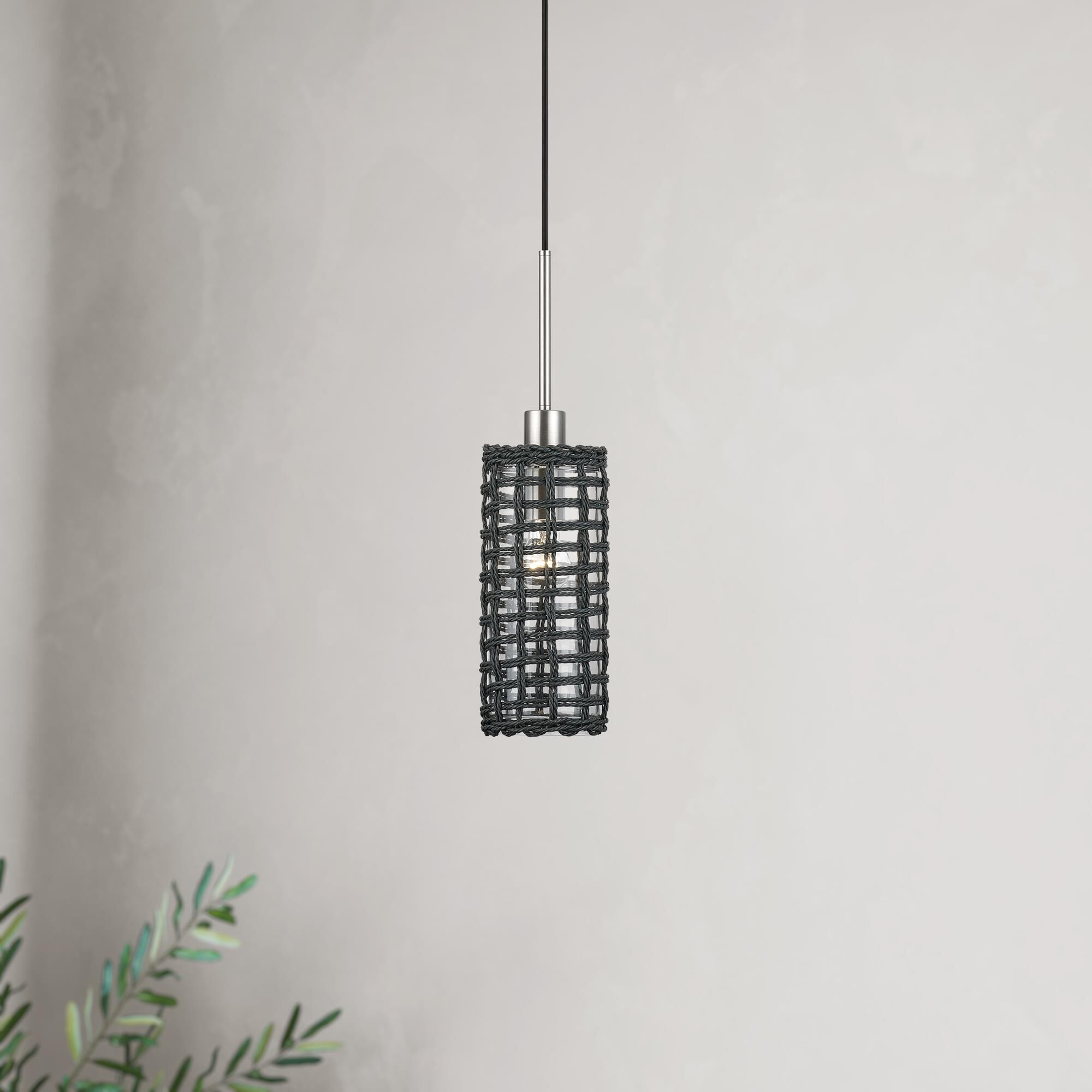 Shown in Brushed Nickel finish and Hand-Woven Midnight Black Color Paper Rope On Top Of Clear shade