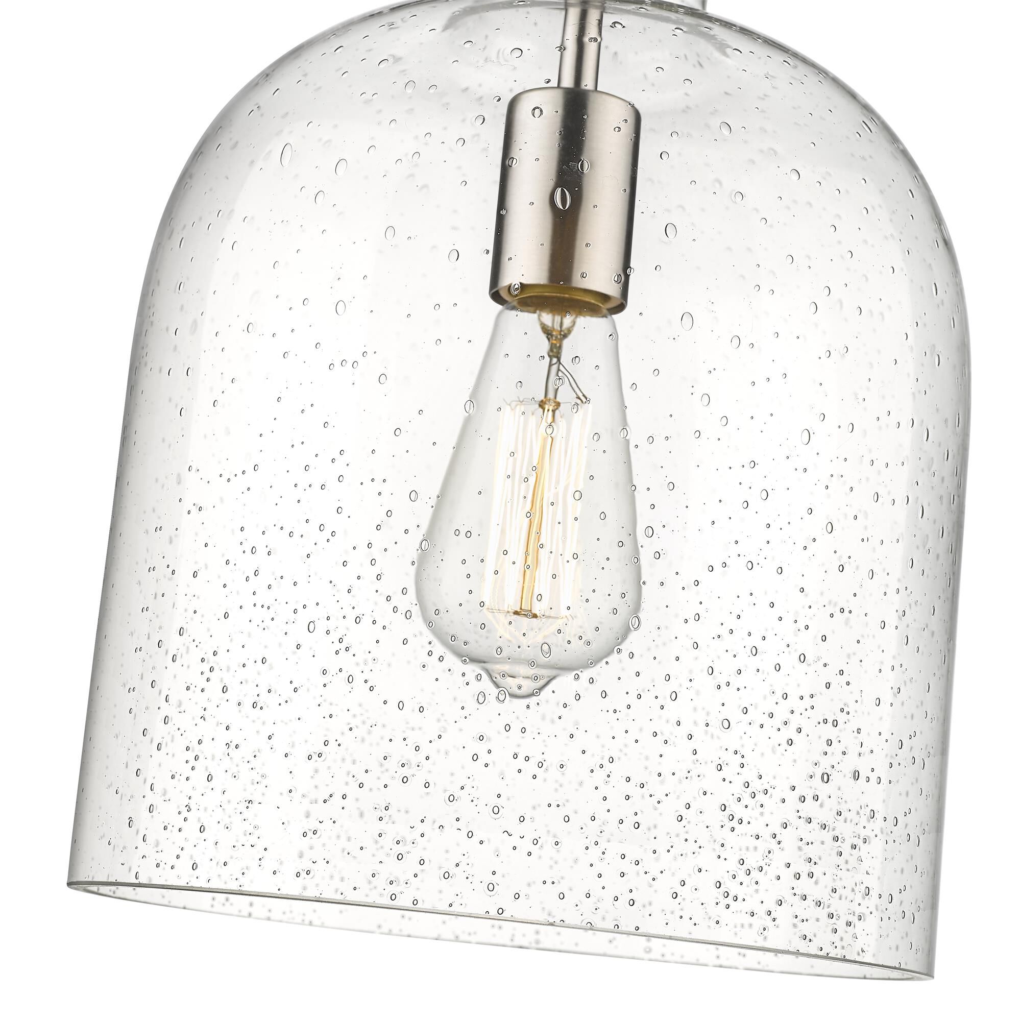 Shown in Brushed Nickel finish and Clear Seedy glass and No Shade shade