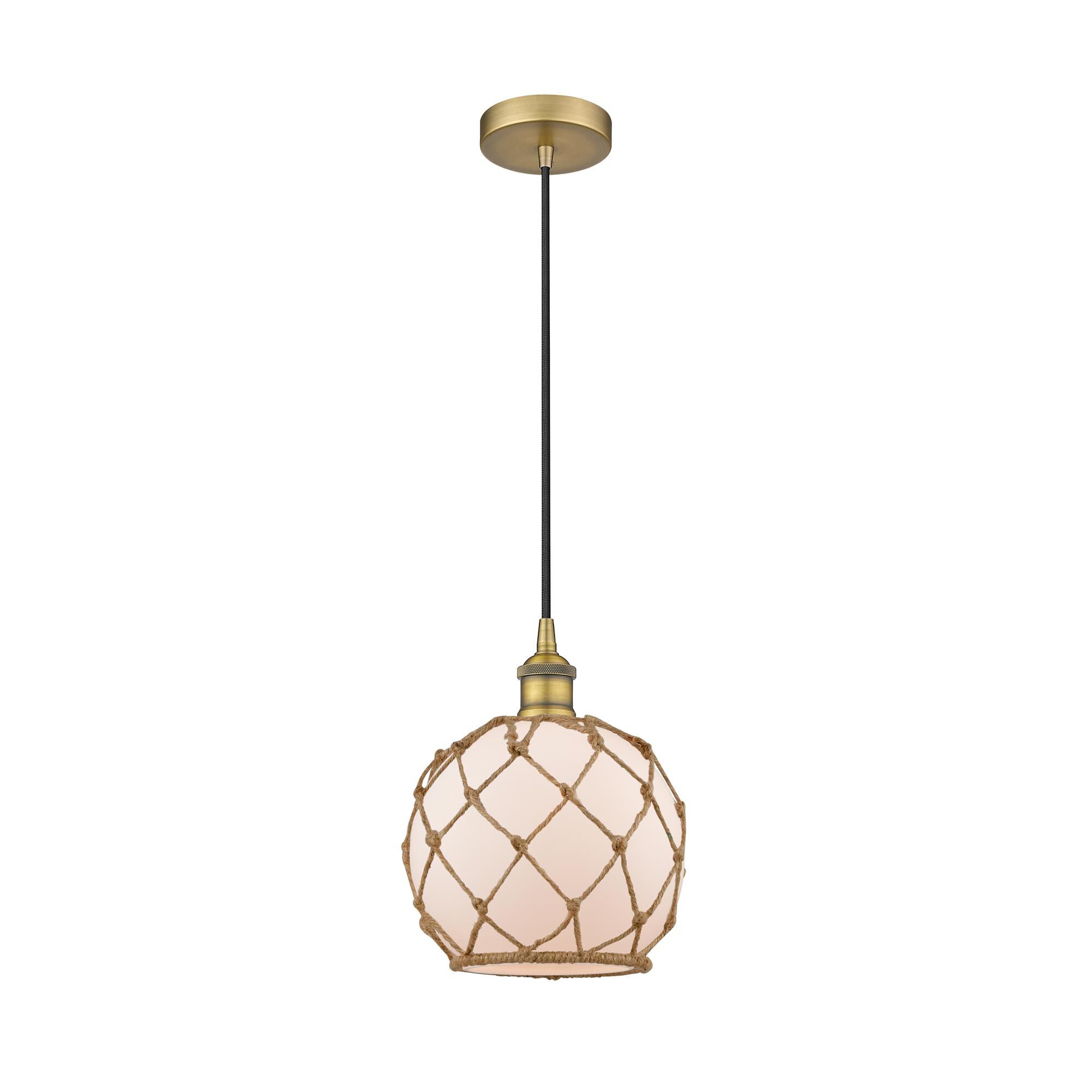 Shown in Brushed Brass finish and White Farmhouse With Brown Rope glass